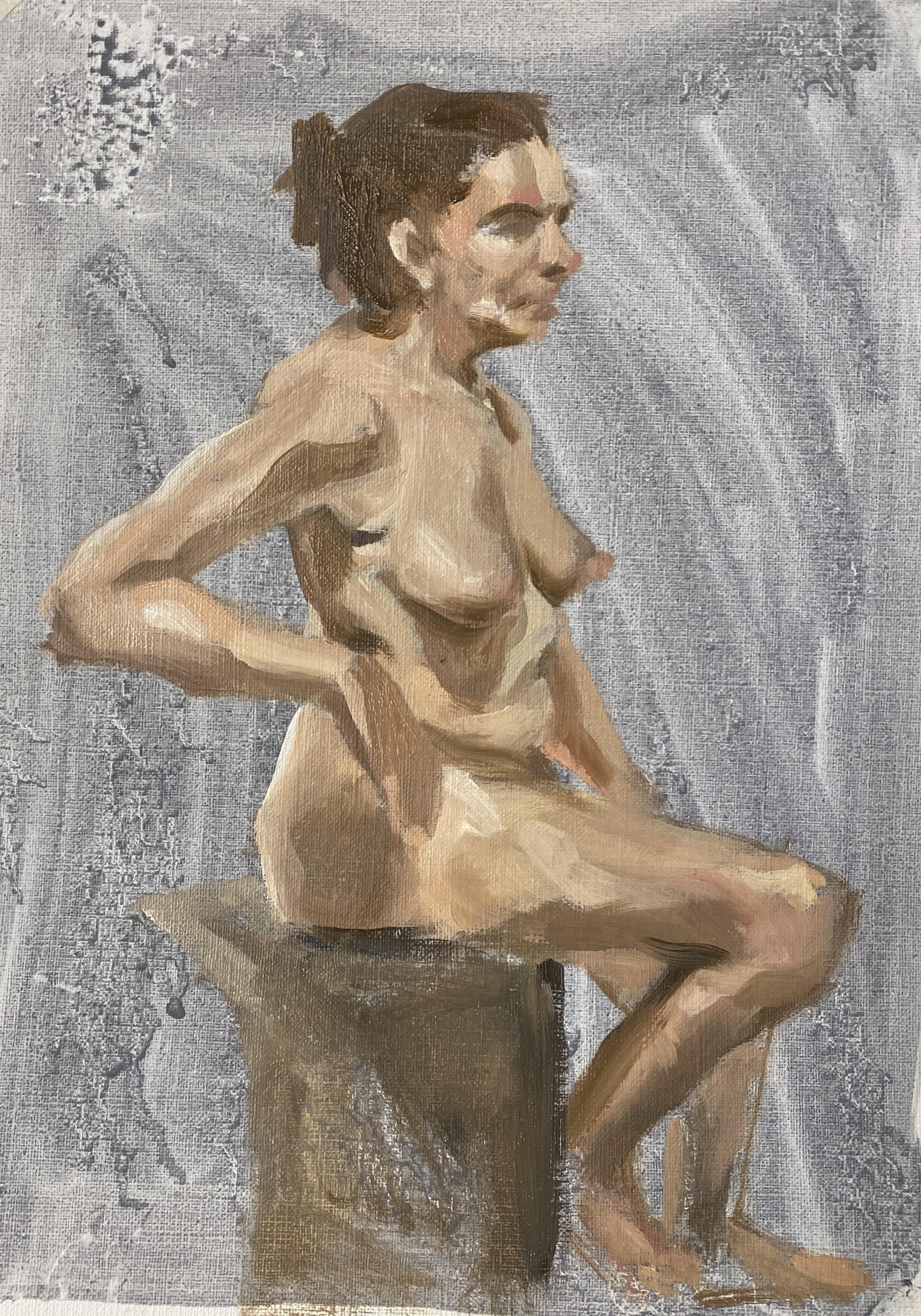 A painting of a nude woman with brown hair in a bun sitting on the ground with her legs bent and her left arm resting on her knee, against a textured gray background.
