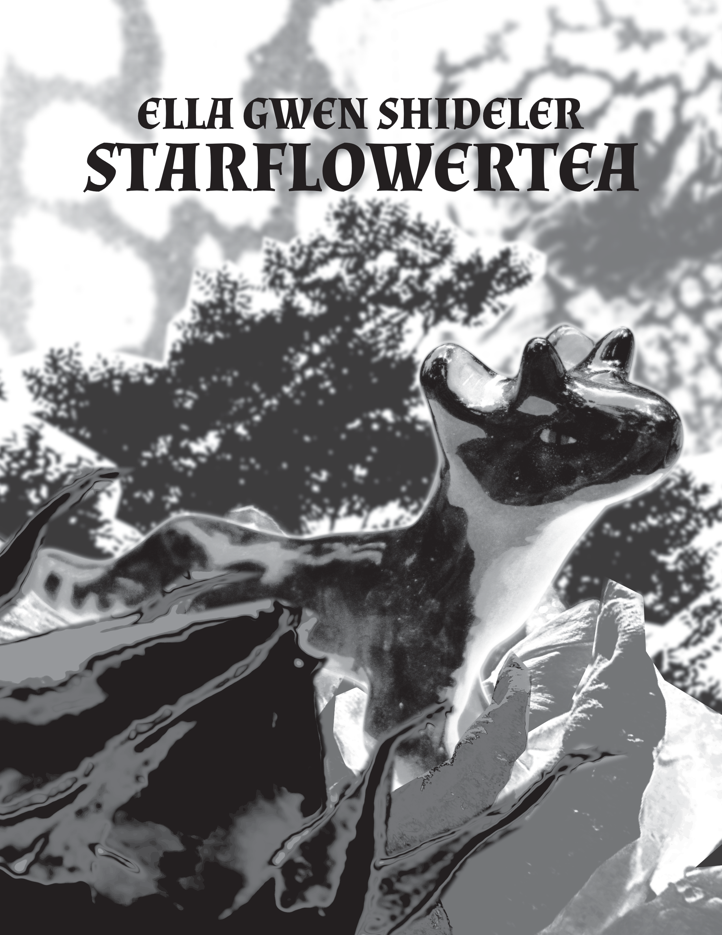A black and white poster for starflowertea. It is a collage of edited photos of trees, found textures, roses, and a central figurine.