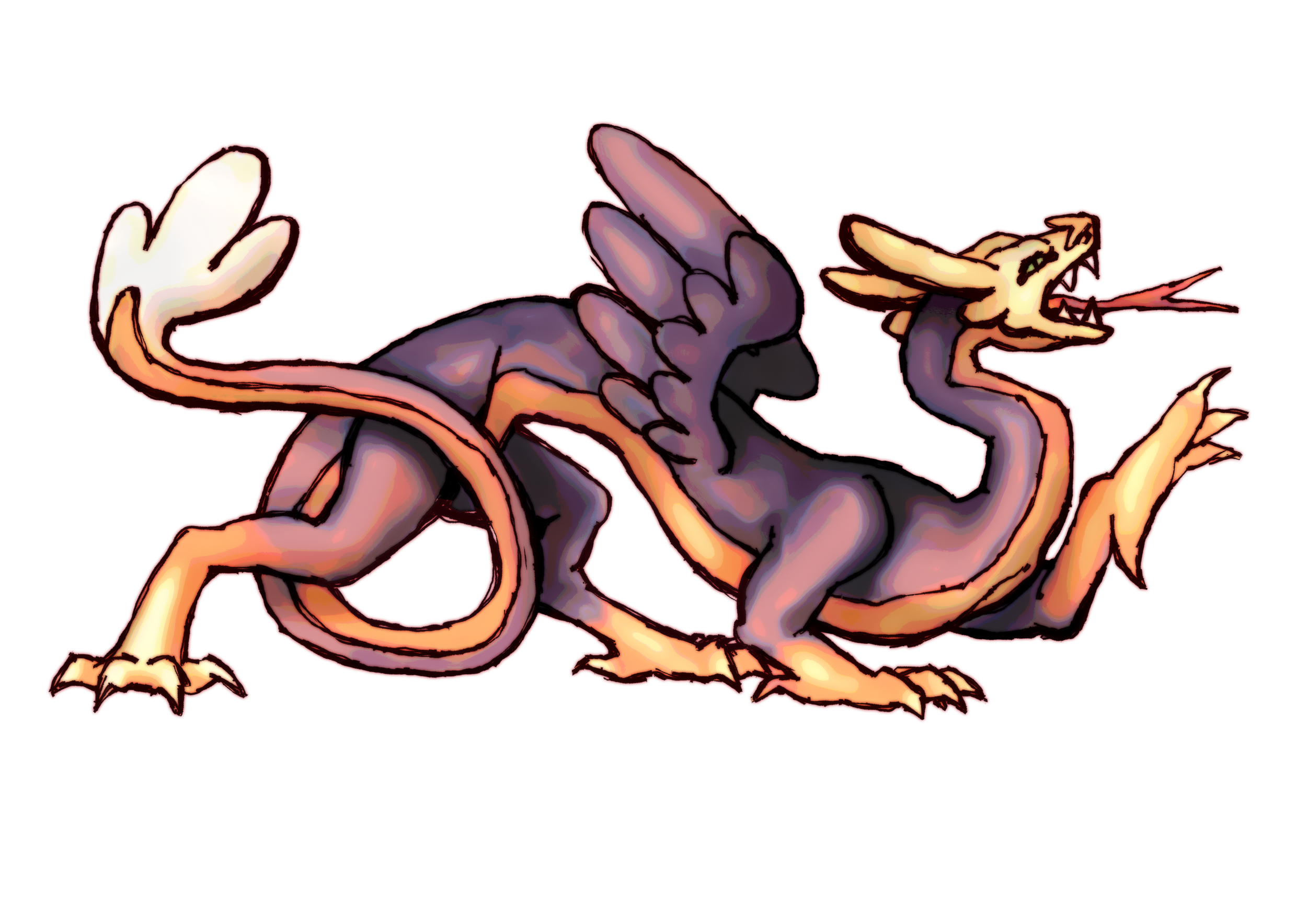 A cartoon-style illustration of a dragon with purple and orange scales, sharp teeth, forked tongue, and a long tail, raising one paw.
