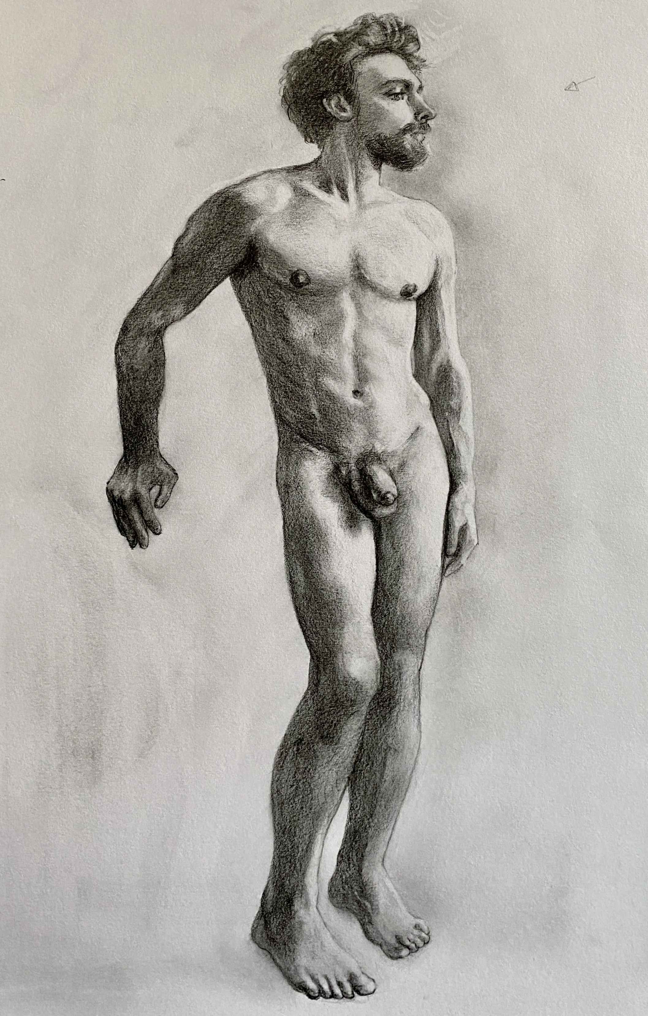 A detailed pencil drawing of a nude man with a beard and curly hair, standing and looking to the side.