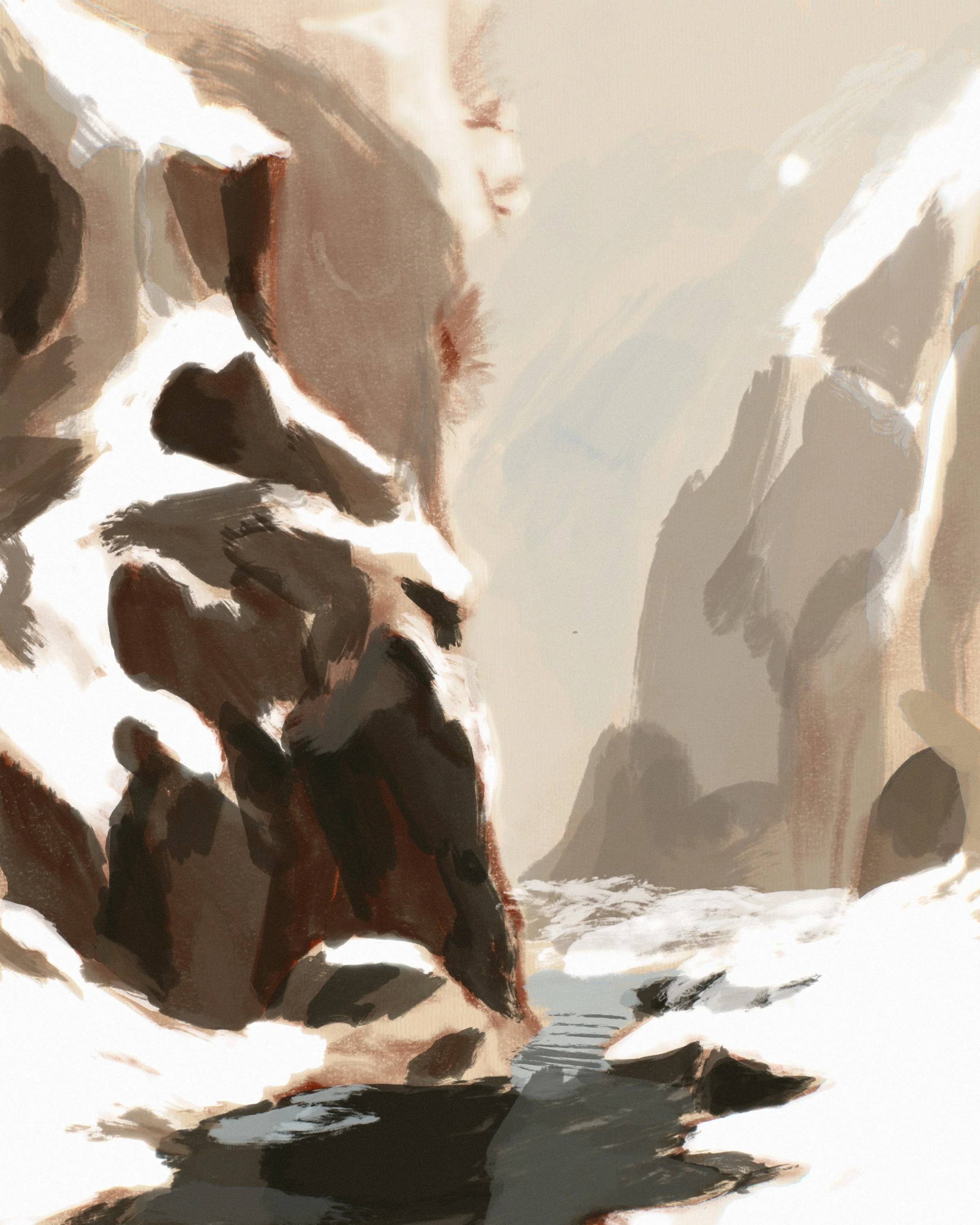 A painted landscape scene of a ravine with a shallow creek running through it, rendered in abstract, impressionistic brushstrokes. It’s in the winter season, with warm rock underneath white snow, on a cloudy day with light snowfall.