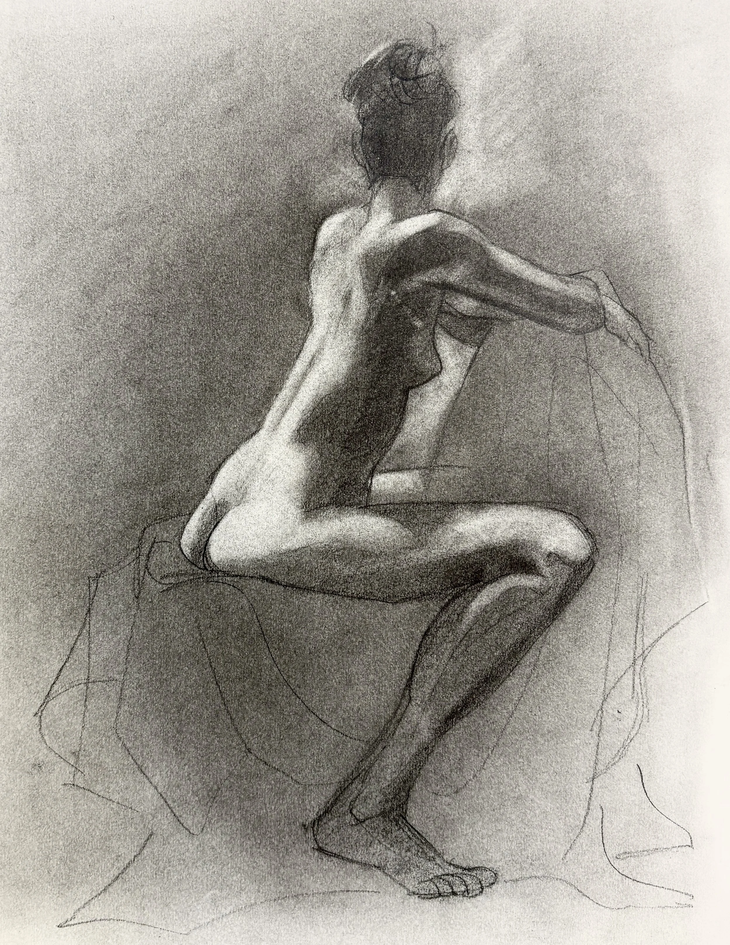A detailed pencil drawing of a female nude figure sitting and facing away from the viewer.