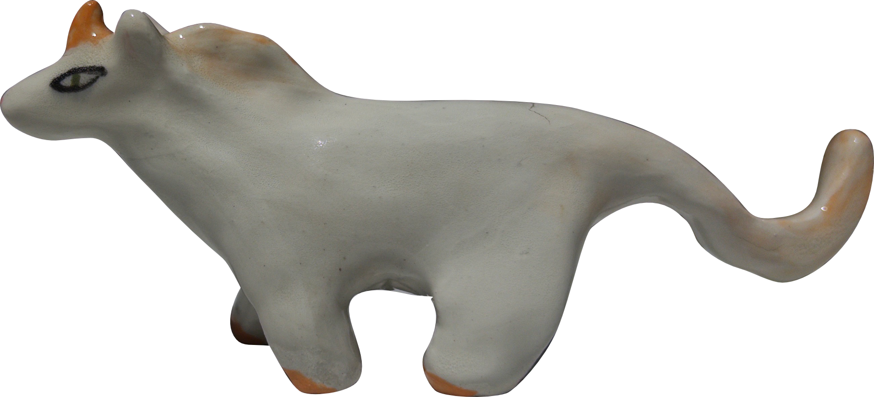 Ceramic figurine of a unicorn with a long tail and short mane.
