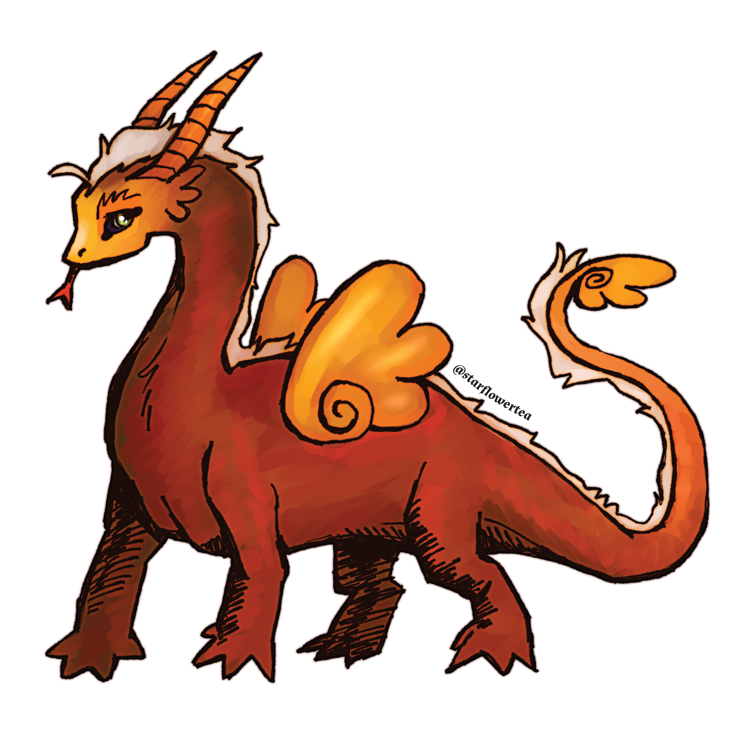 A digitally illustrated dragon with orange and red scales, green eyes, and long horns.