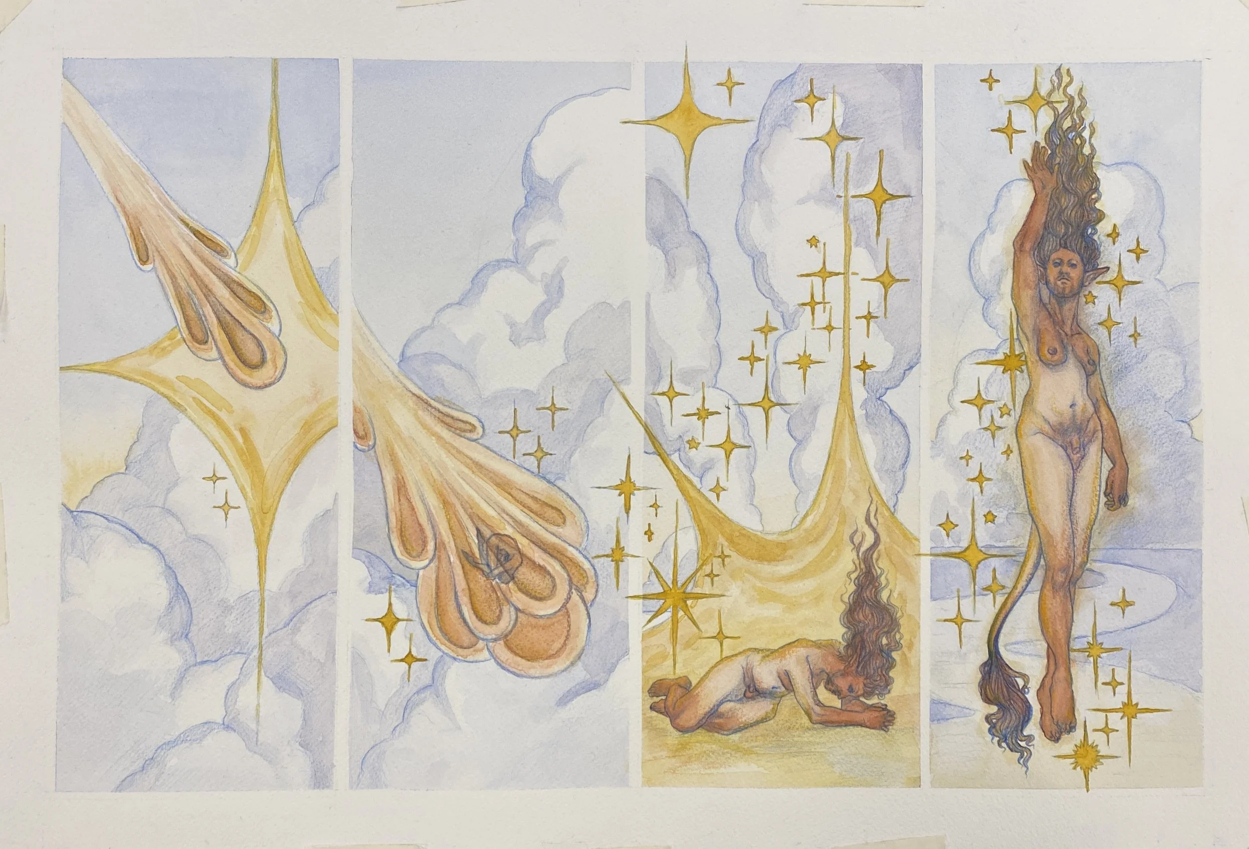 A four-panel watercolor illustration depicting a fantasy scene where a humanoid star fae is borne from a shooting star. The illustration featured fluffy clouds, sparkly stars, and a hermaphrodite fae person.