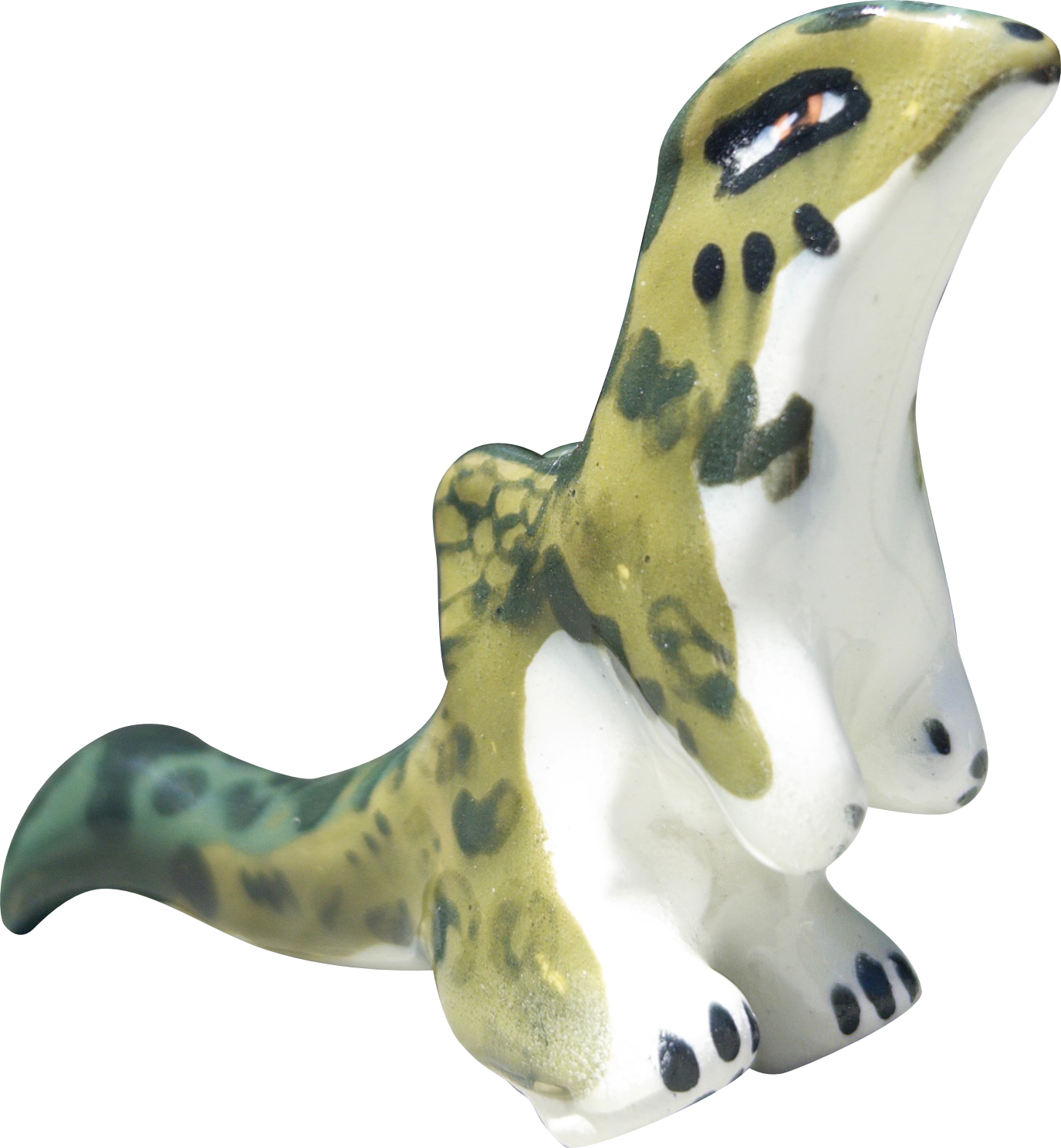 Ceramic figurine of a cheetah with a yellow, black, and white spotted pattern.
