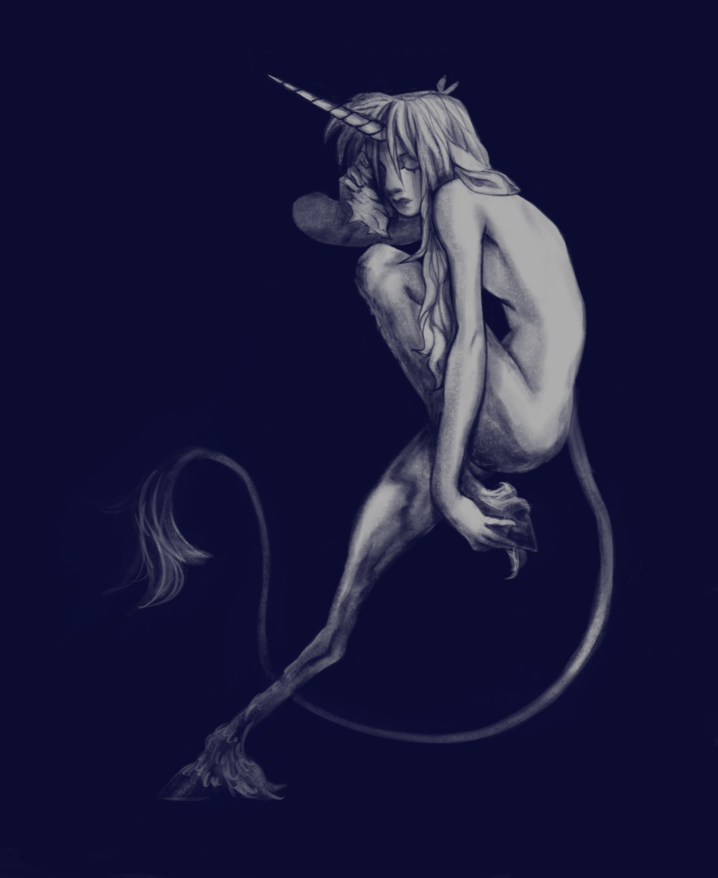 A fantasy illustration of a woman with long flowing hair and a unicorn horn, sitting with her right hand holding up a shell, illuminated against a dark blue background. Unicorn project.