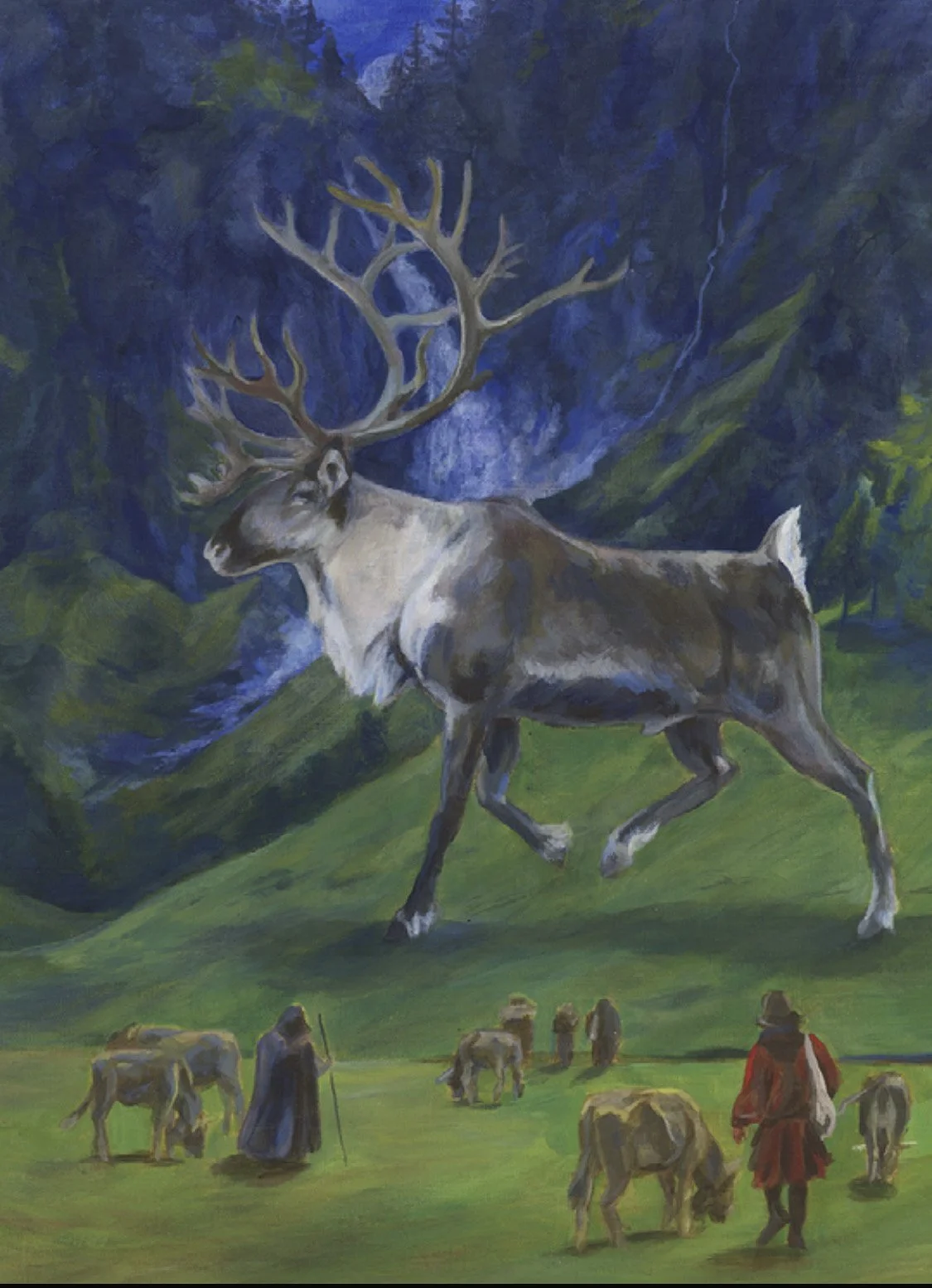 A painting of a titanous elk with impressive antlers standing on a grassy field, with a group of small human figures and animals in the foreground and a mountainous, forested landscape with a waterfall in the background.