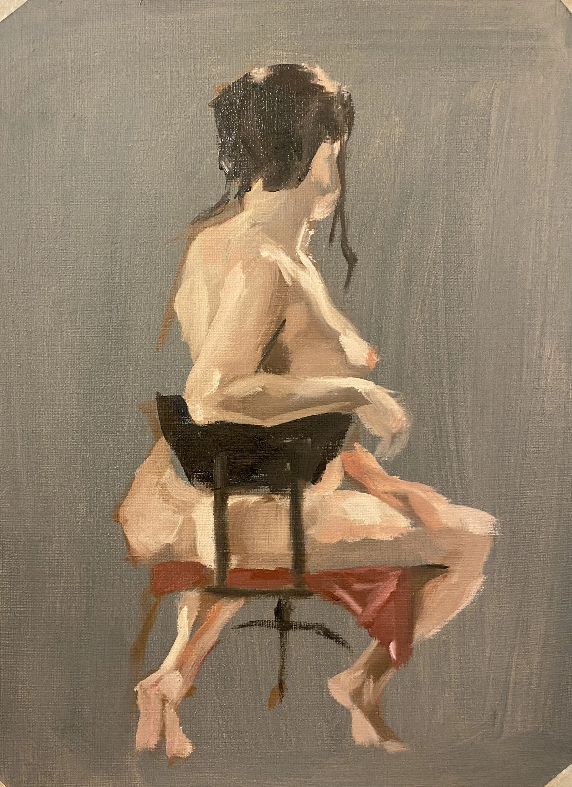 An oil painting of a woman sitting on a chair with her back turned and her head slightly tilted to the left, with a plain gray background.