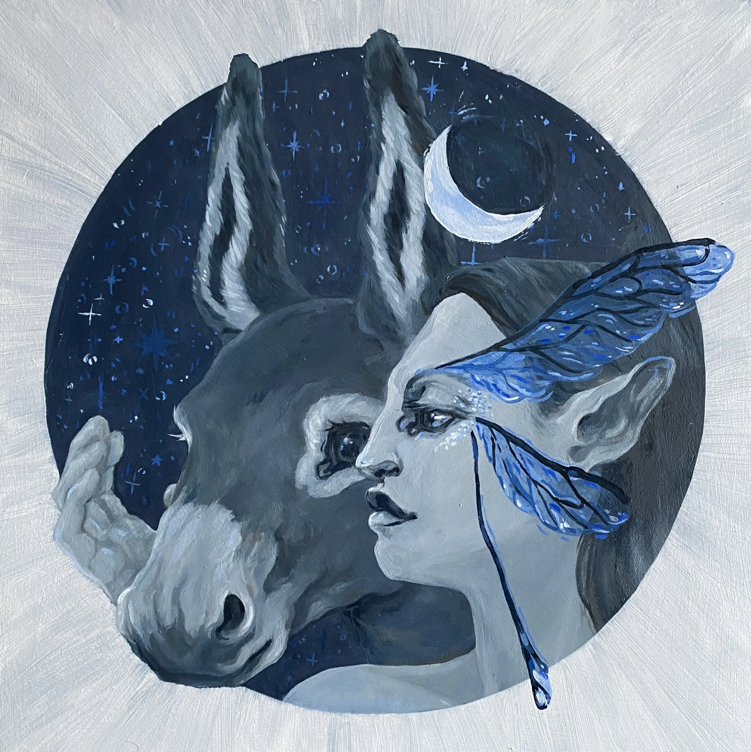 Painting of a fae woman in portrait with a donkey looking over her shoulder, rendered in shades of blue, black, grey, and white. There is a crescent moon above the woman’s forehead. The background is a dark circle of night sky with a white border.
