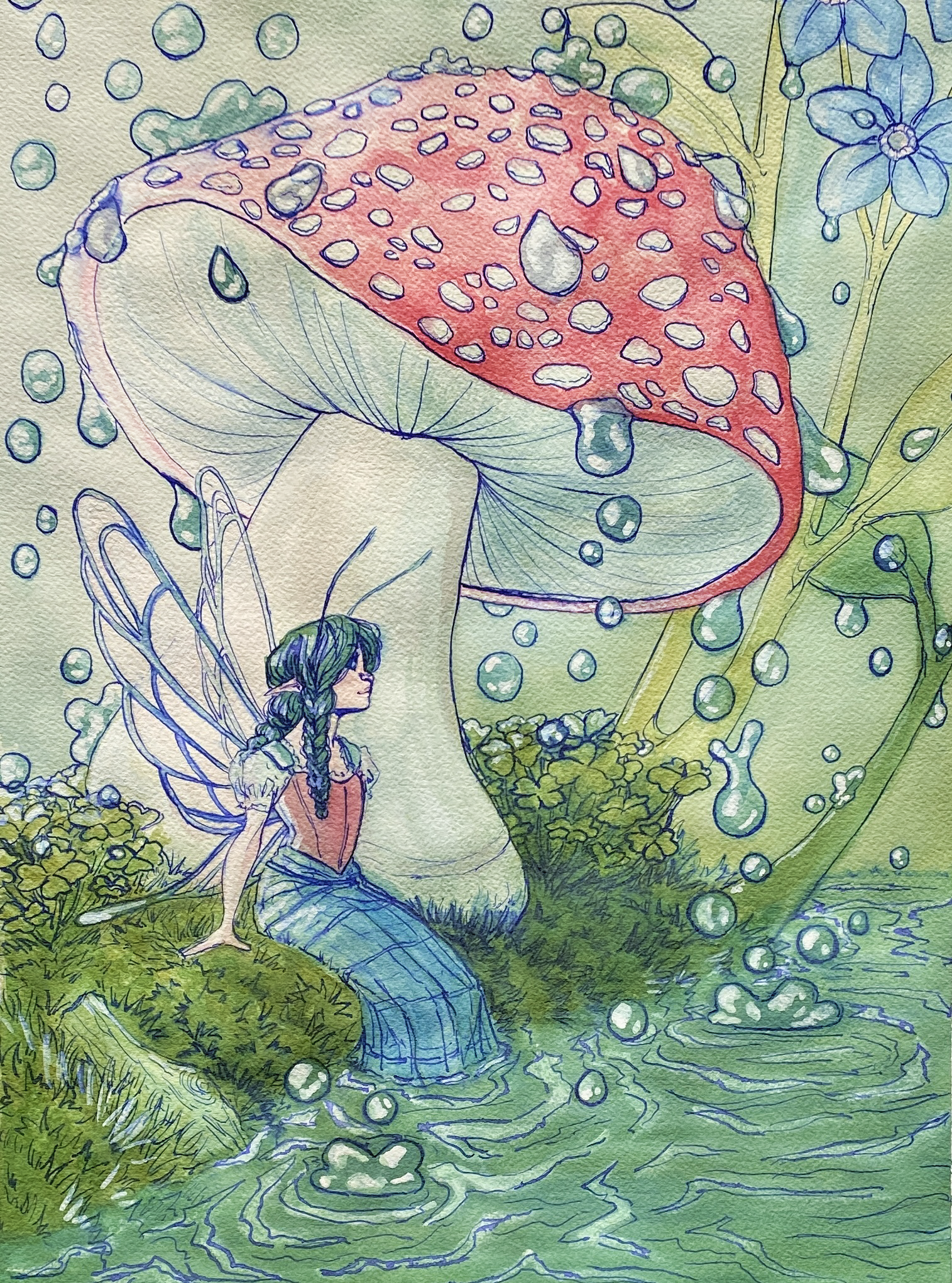 A watercolor painting of a fairy with blue wings sitting near a large mushroom with a red cap and white spots. Droplets of water are falling around, and there are small plants and a blue flower nearby.