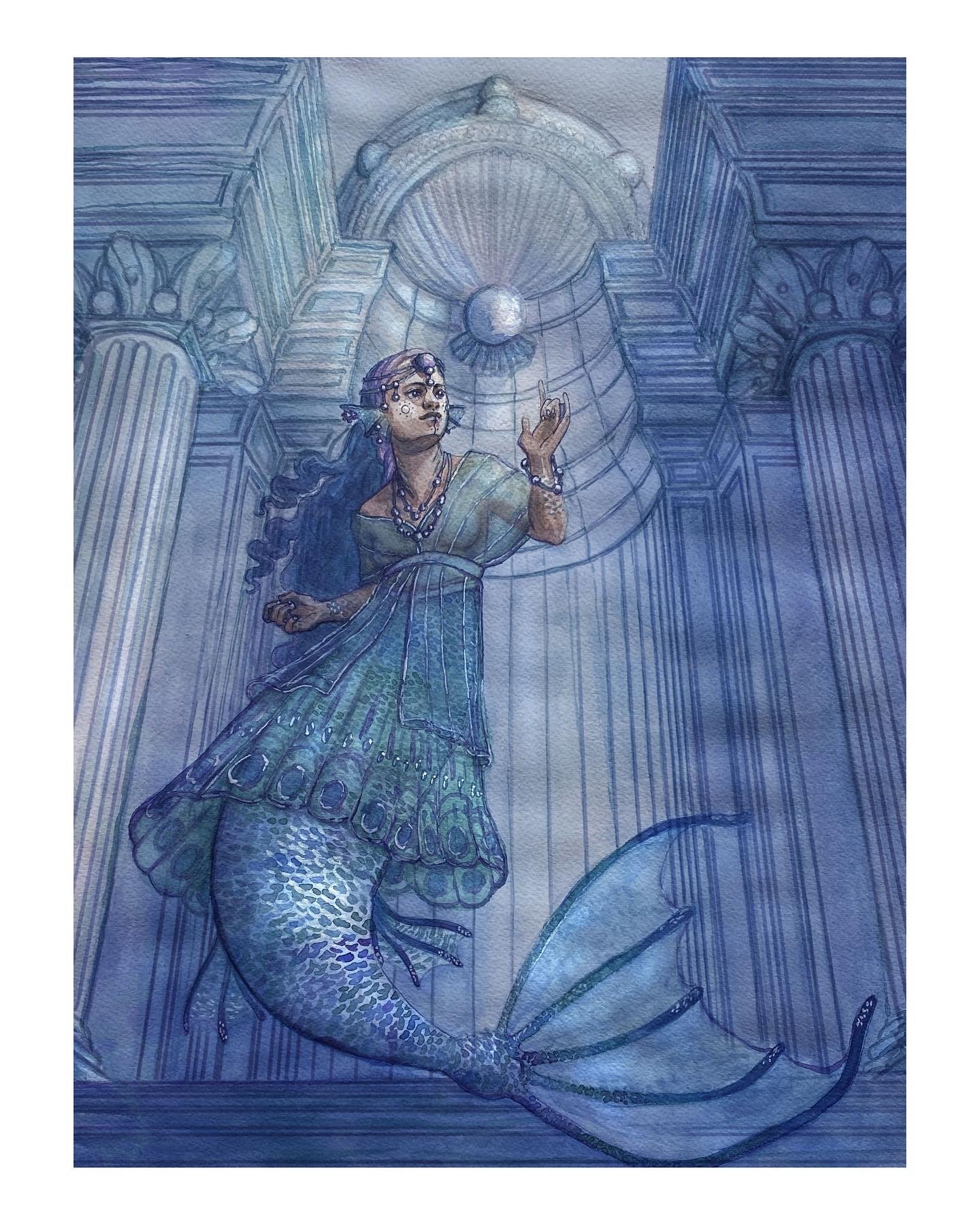 A fantasy illustration of a mermaid with purple hair and pearls, floating in a grand, classical hall with columns and a domed ceiling. She has an intricate transparent dress on with jewellery 