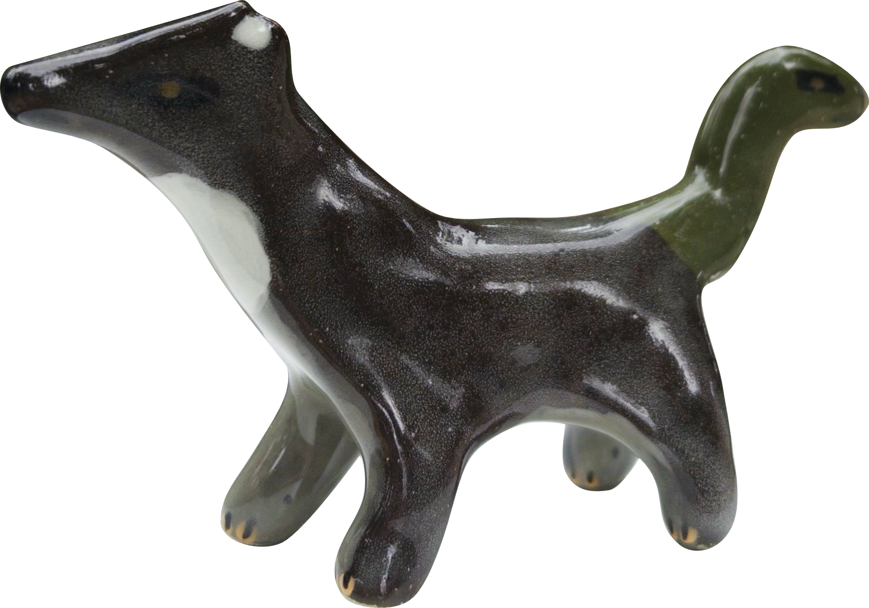 A ceramic chimera figurine of a weasel dog with a snake for a tail, with dark grey fur, white belly, and cropped ears.