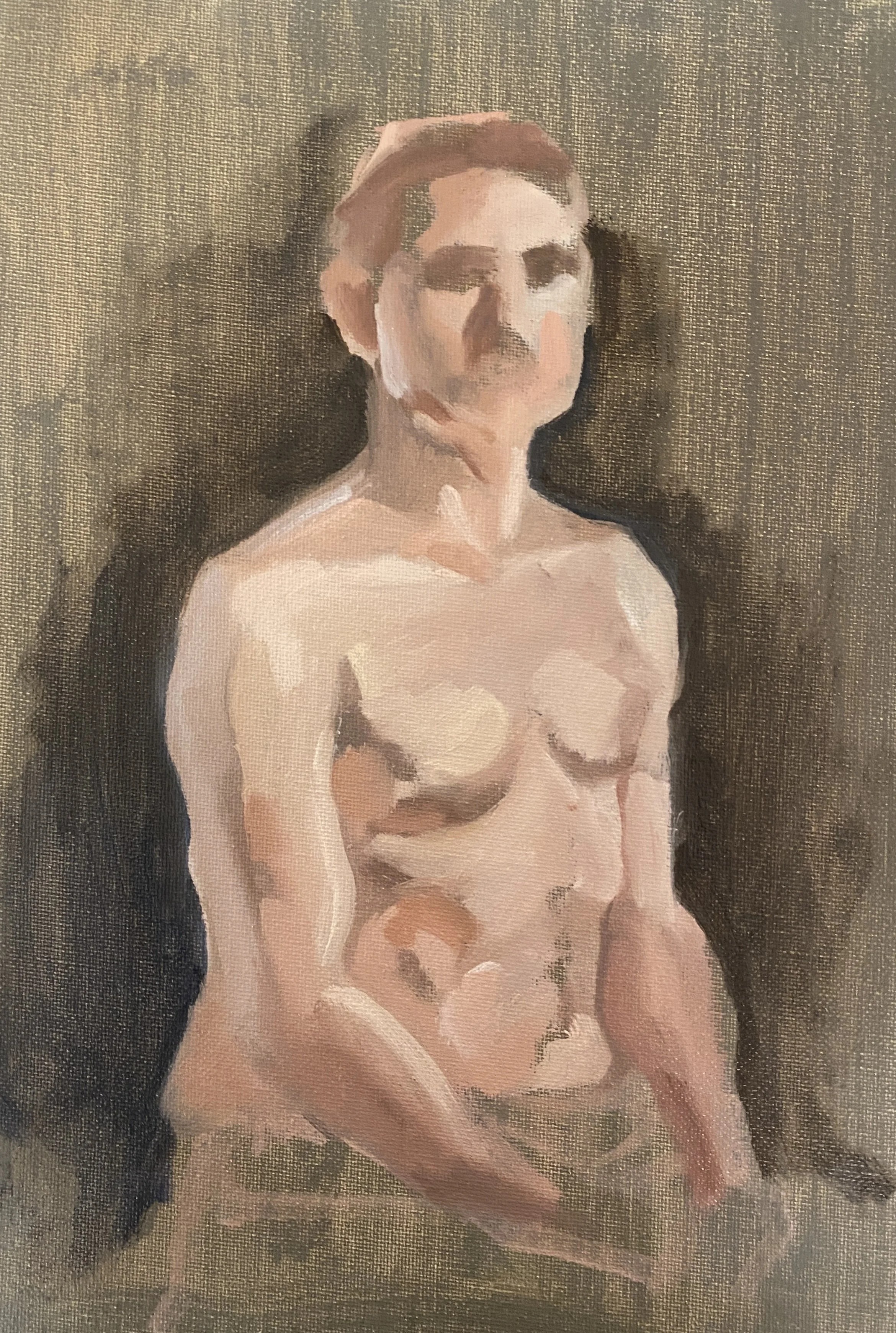 An impressionist-style painting of a topless man with short hair, sitting against a dark background.