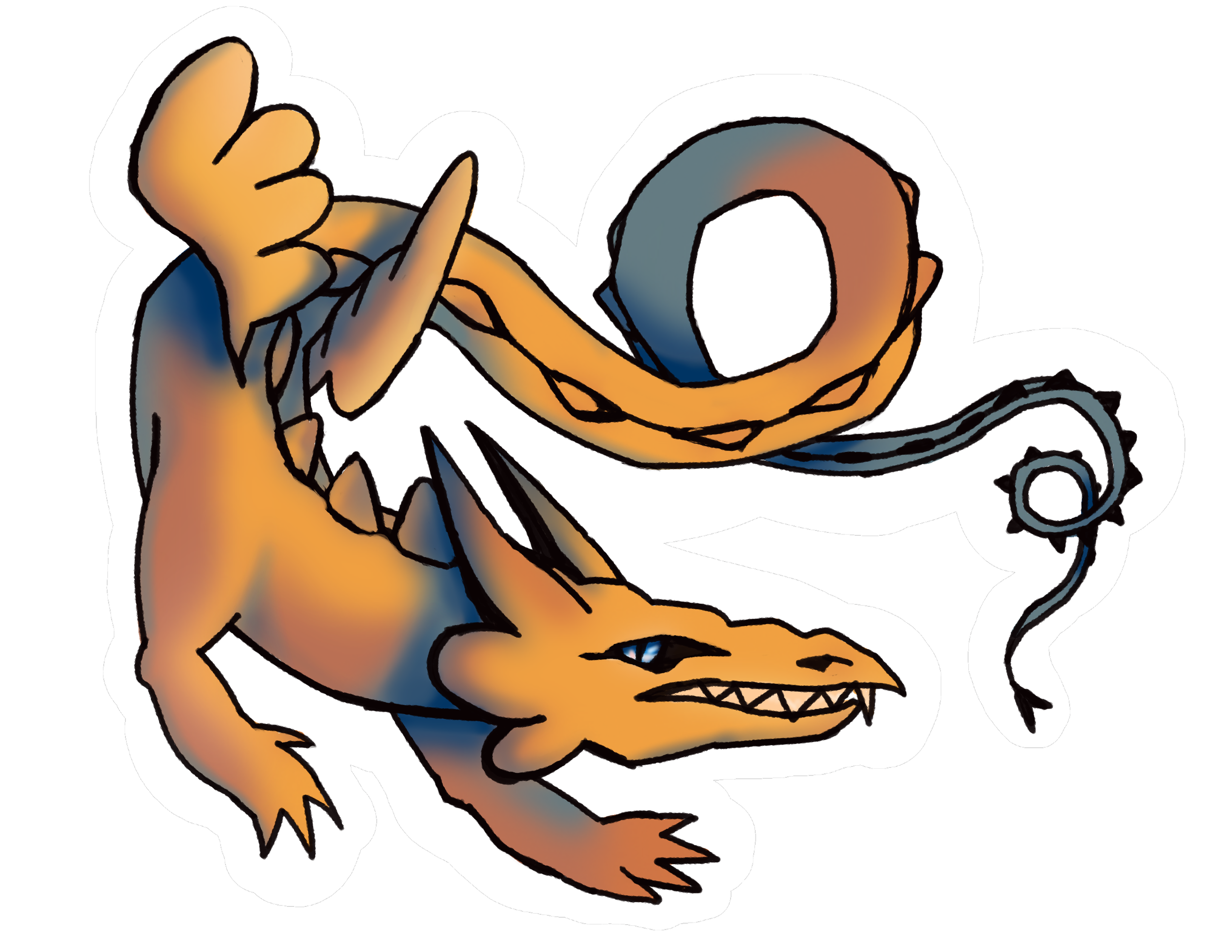 A cartoon illustration of a dragon with orange and blue colors.