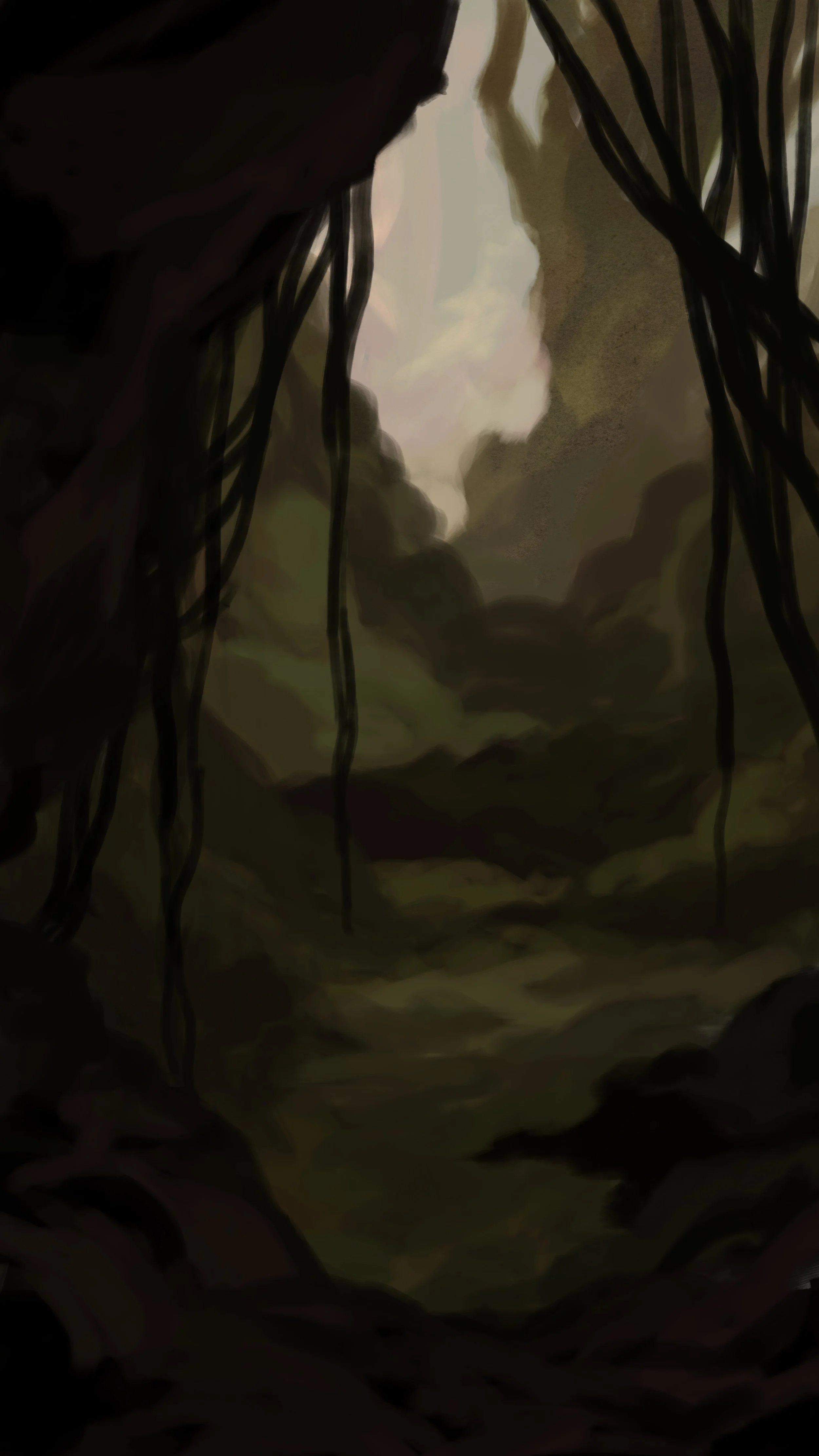 A dark cave or canyon opening with a view of cloudy sky and sunlight shining through from above, with twisted roots or vines hanging down.