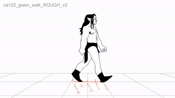 Animation of a cartoon man with long dark hair walking on a grid floor, wearing a primitive loincloth made of a pelt, and boots. Unicorn project.