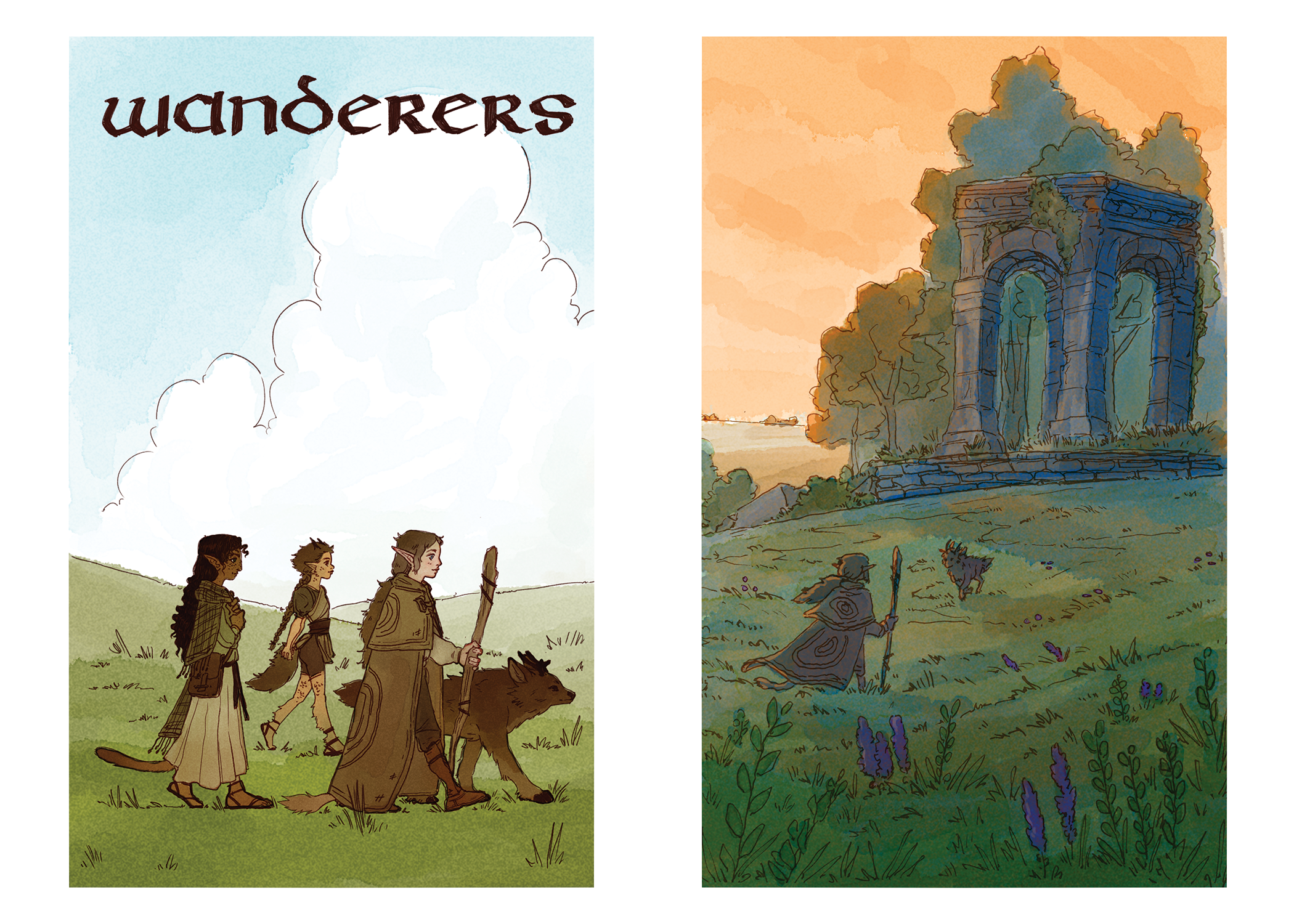 Illustrations of a group of people and a bear walking in a natural landscape on the left, and a stone archway ruins surrounded by trees and wildflowers on the right.