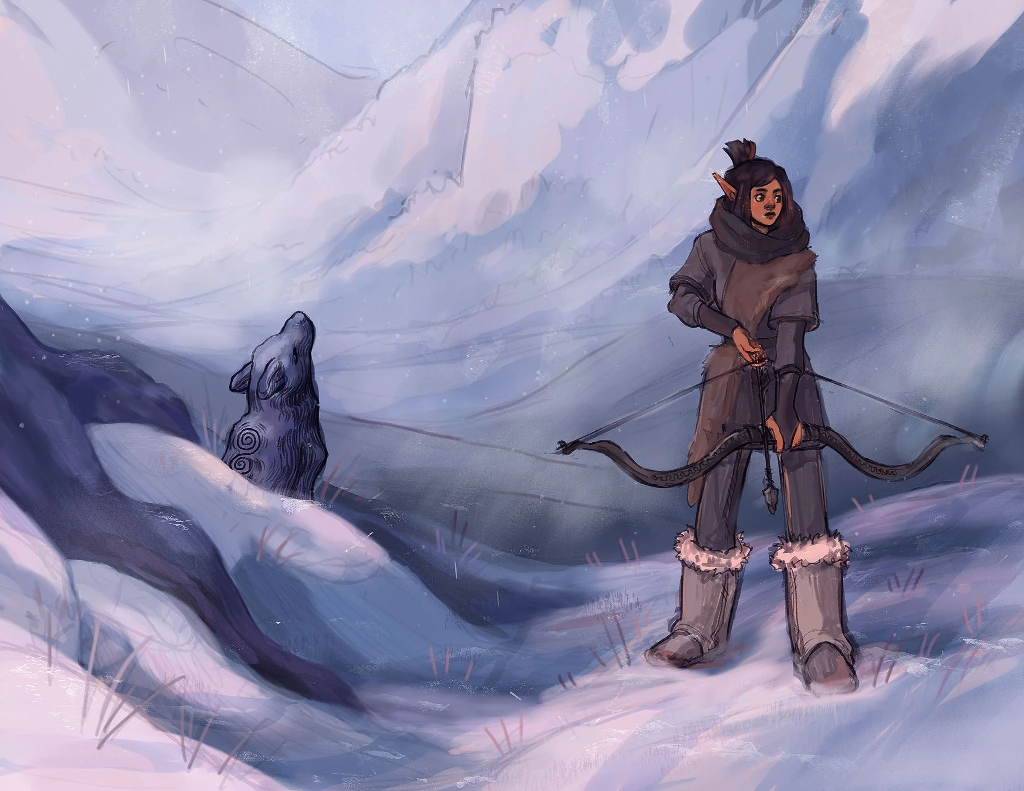 A digital illustration of a young female elf with pointed ears and dark hair pulled back, dressed in warm fur-lined clothing, standing on a snowy mountain landscape with steep cliffs. She is holding a bow and arrow, gazing into the distance. 