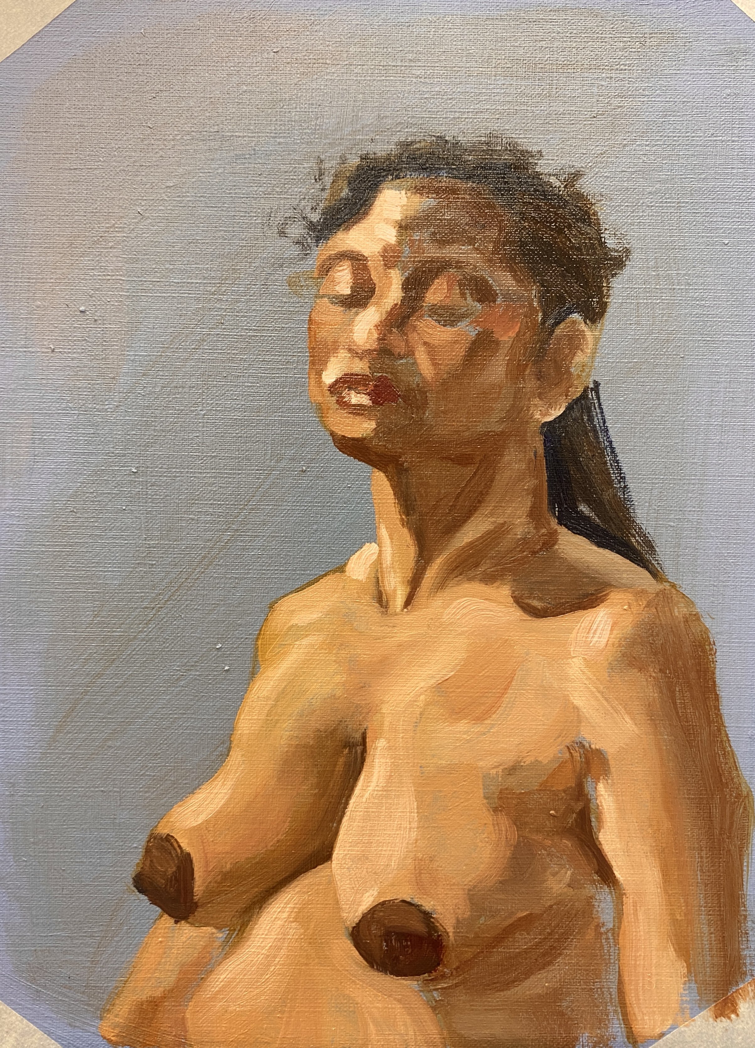 A realistic painting of a nude woman with dark hair, posing with her eyes closed and head tilted slightly to the side.