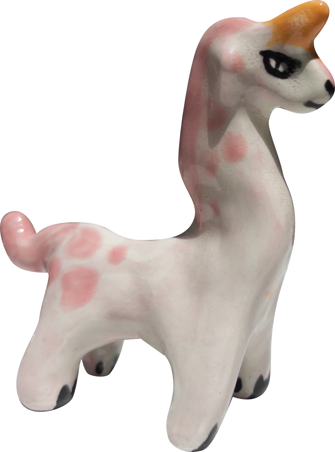Ceramic figurine of a cute, stylised giraffe unicorn with a long neck, painted with pink spots and a light pink body. It has black lined facial features.