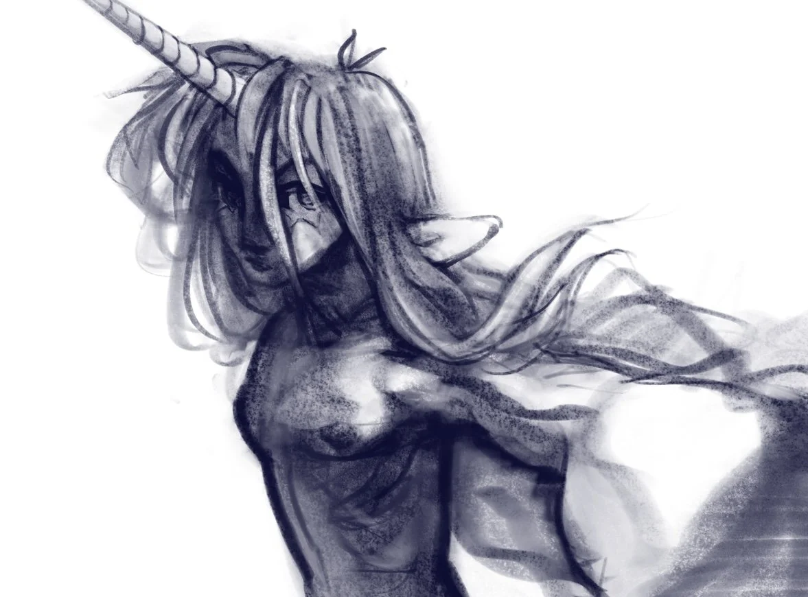 A grayscale illustration of a female character with a unicorn horn, elf-like ears, and long, flowing hair, with a confident expression.
