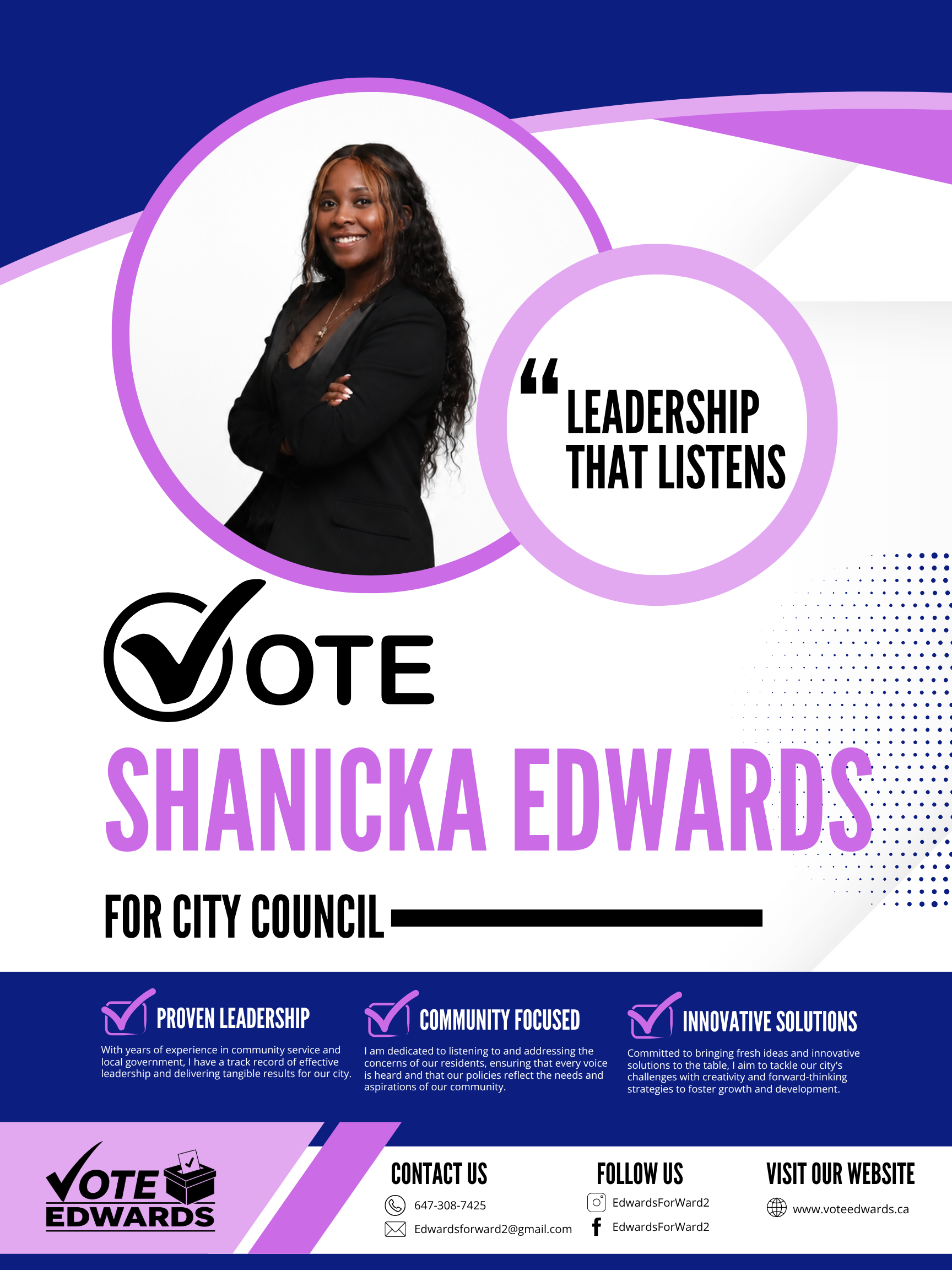 Campaign flyer for Shanicka Edwards running for city council. Features a smiling Edwards in a black blazer with crossed arms, with slogans promoting leadership, community focus, and innovative solutions. Contact info and social media links included.