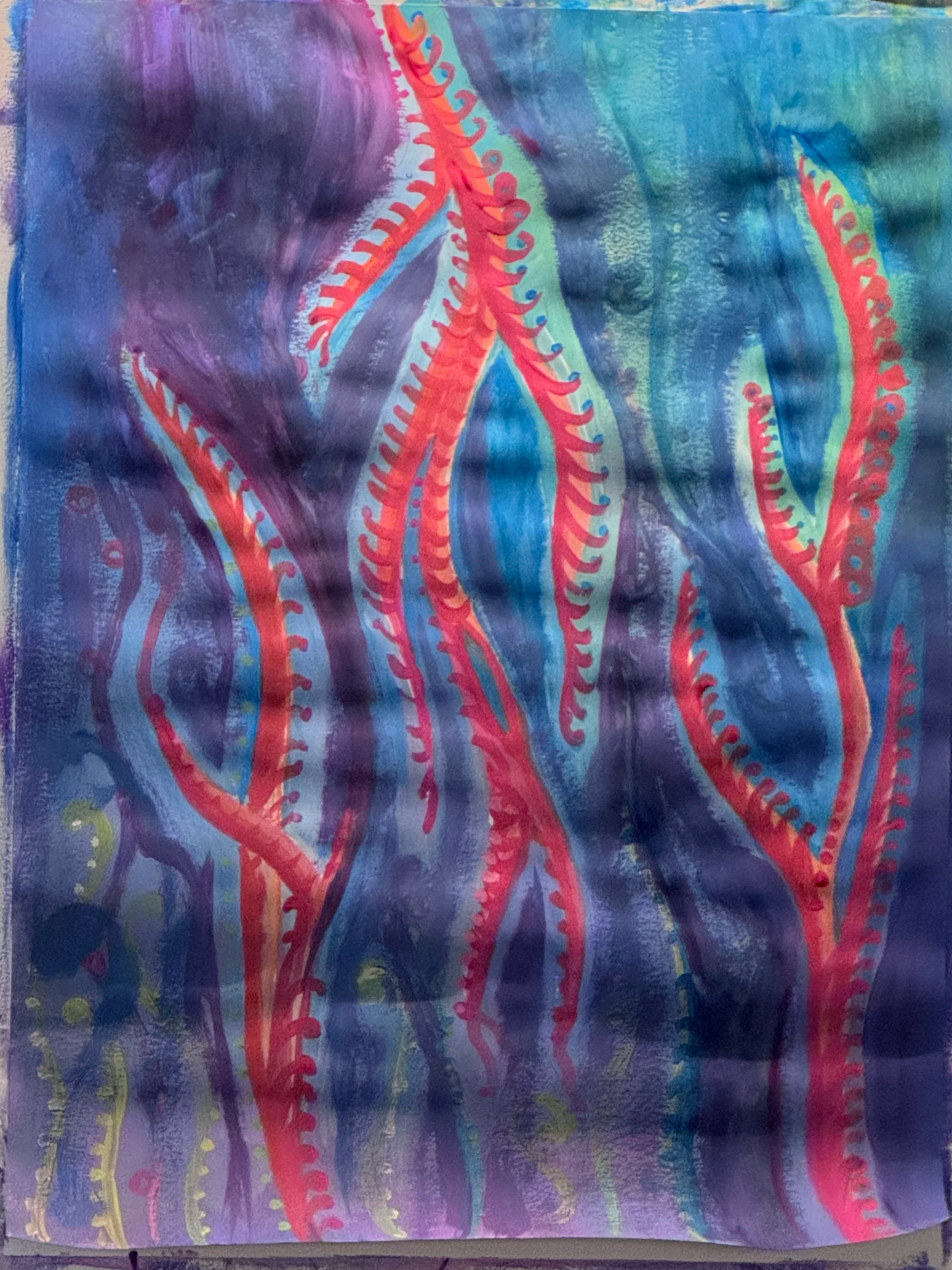 Abstract painting with colorful, rainbow-like, curved lines on a dark, swirled background.