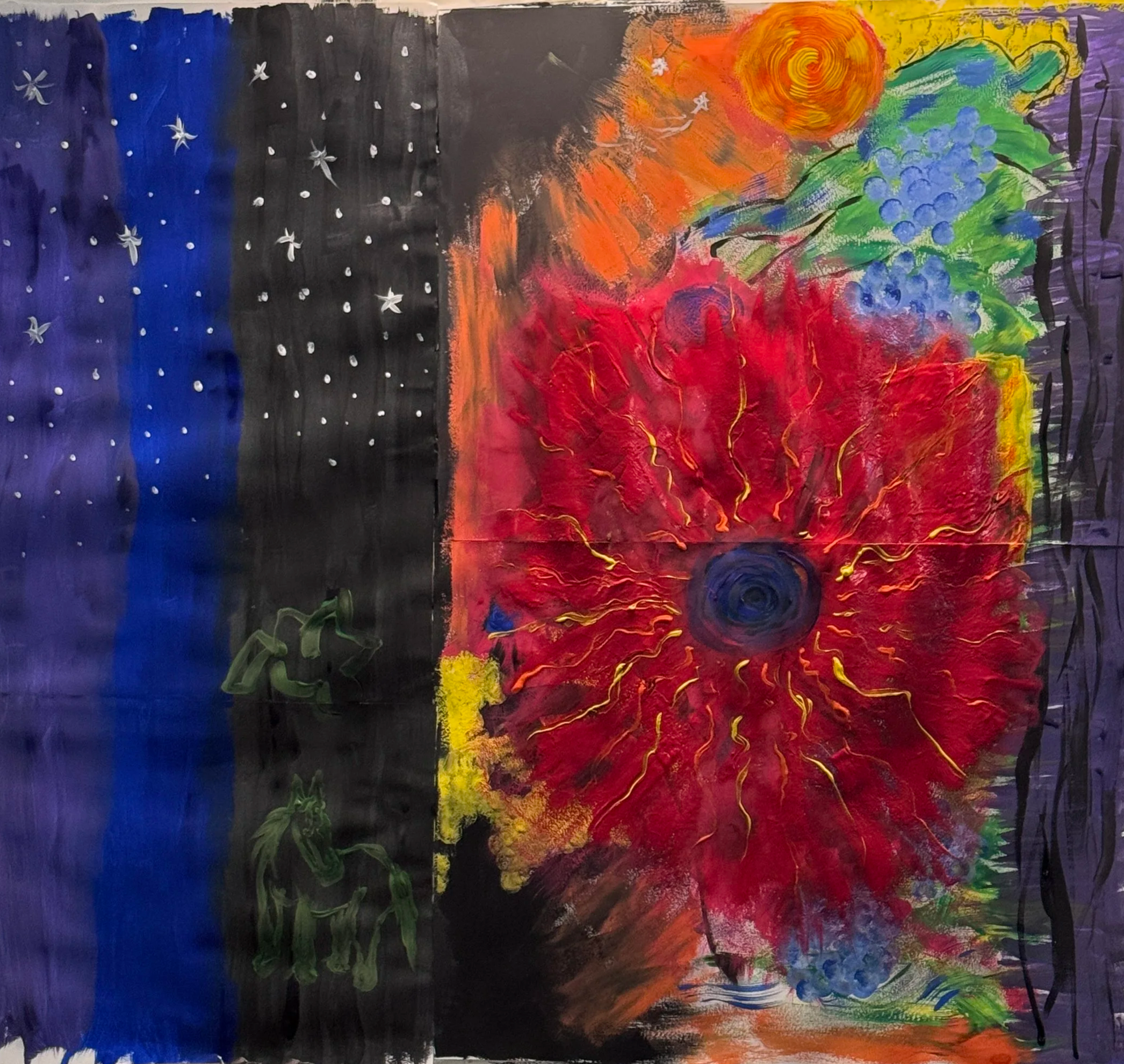 An abstract painting divided into several sections with vibrant colors. The left side has dark blue and black with small white star-like shapes. The middle section features warm colors like orange, yellow, and red with swirling patterns. The right si