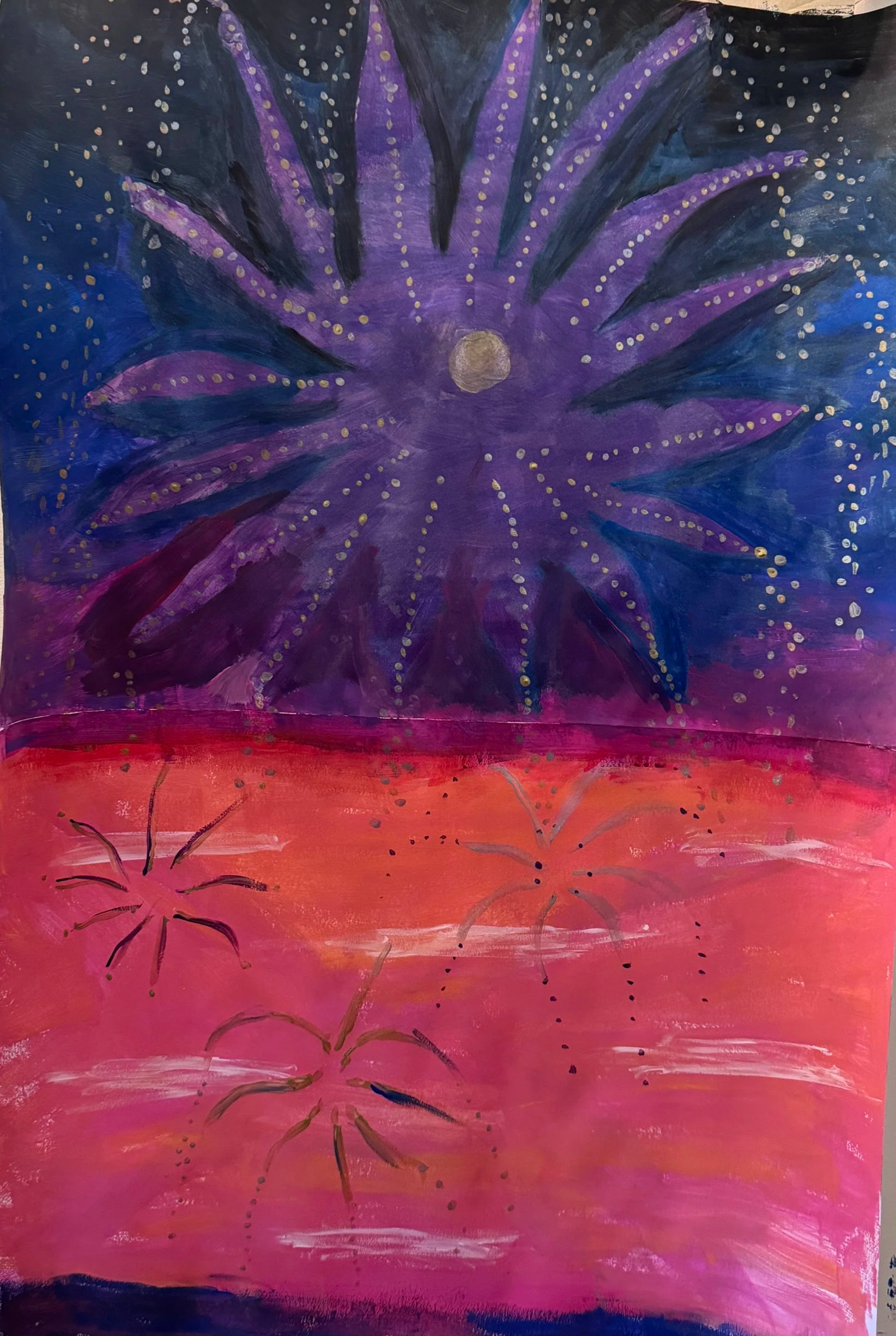 A colorful abstract painting featuring purple star-like patterns with dotted details on a background transitioning from dark blue to pink and orange hues.