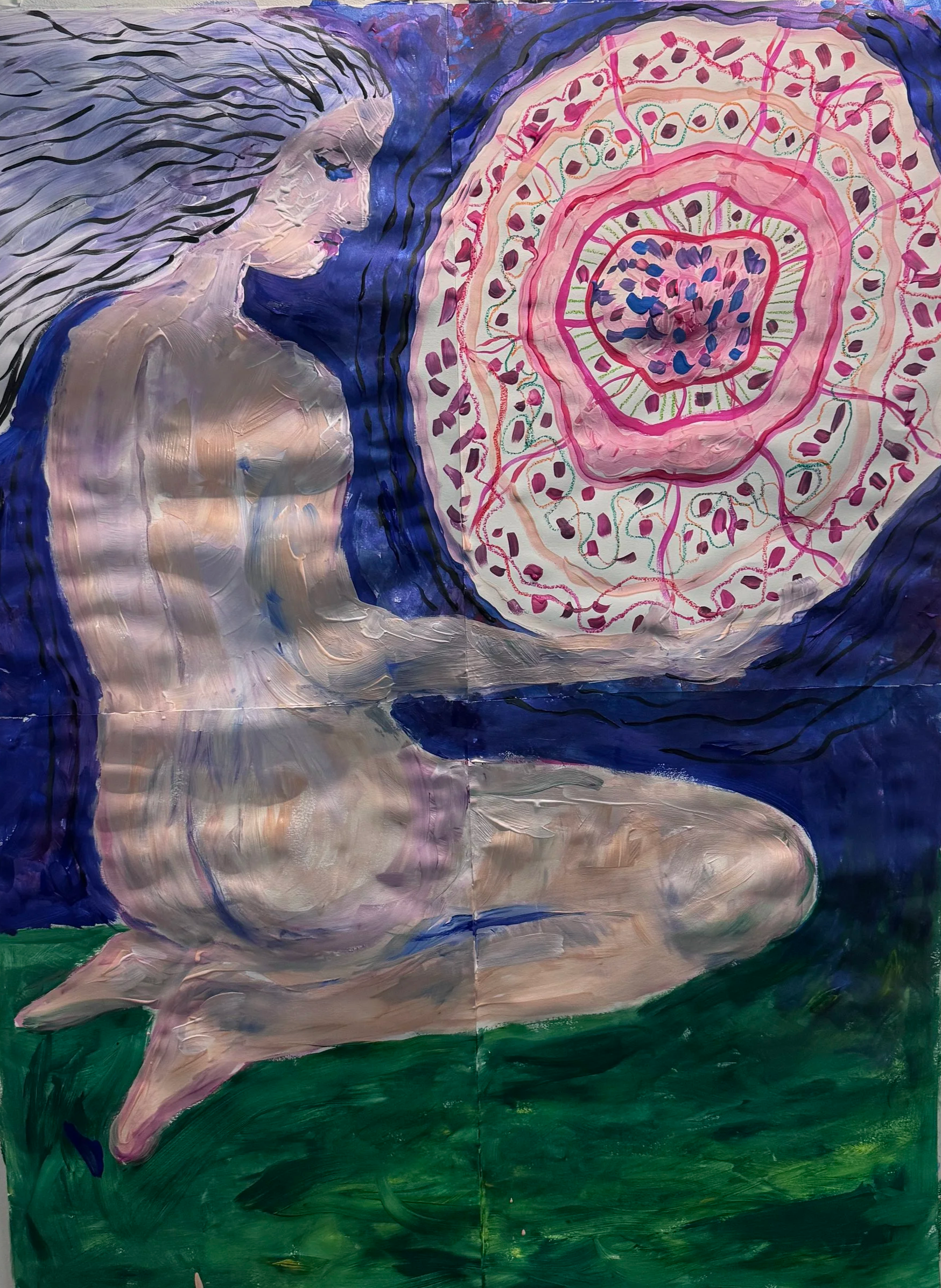 A colorful abstract painting of a mermaid with long flowing hair and a large pink and purple mandala design in the background.