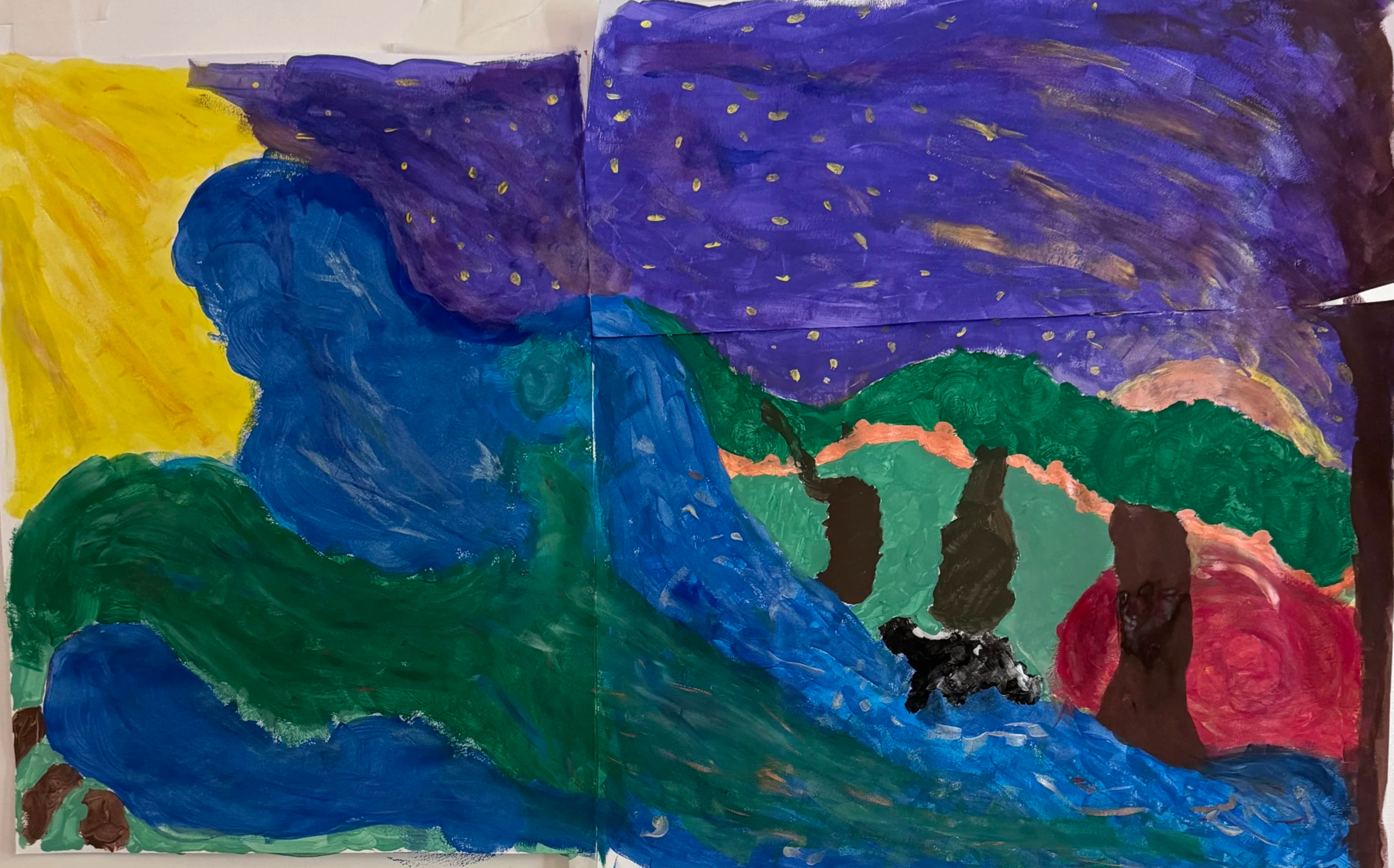 Colorful abstract painting with swirling shapes in green, blue, purple, yellow, red, and black, resembling a landscape at night with stars.