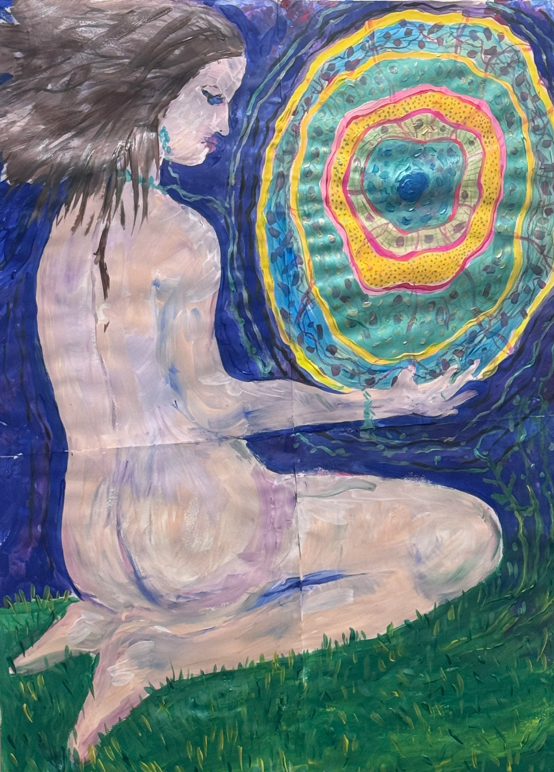 A colorful painting of a woman with closed eyes, long hair, and earrings, featuring an abstract spiral pattern with vibrant colors surrounding her head.