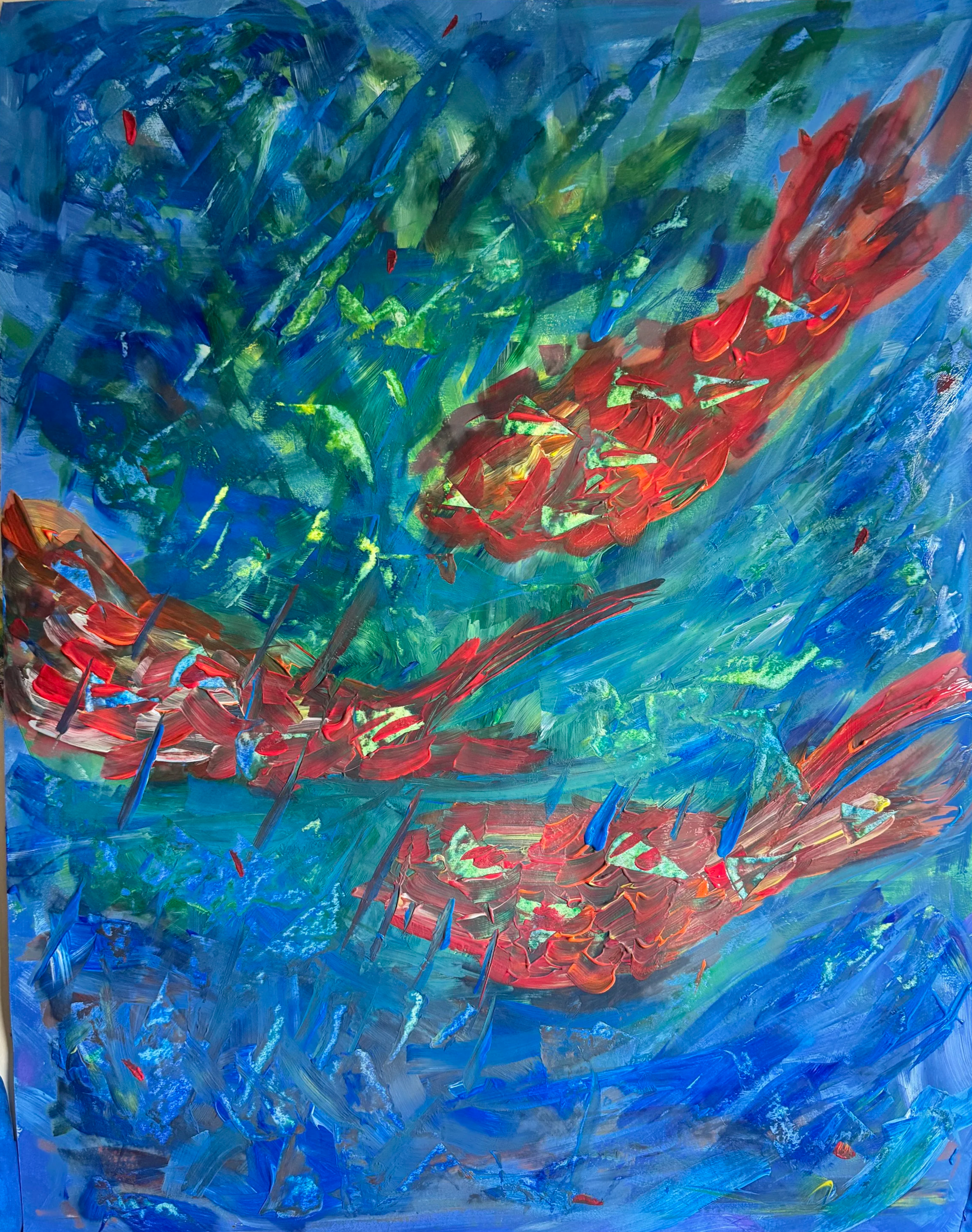 Abstract expressionist painting with bold blue, green, and red brushstrokes, creating a dynamic and vibrant composition.