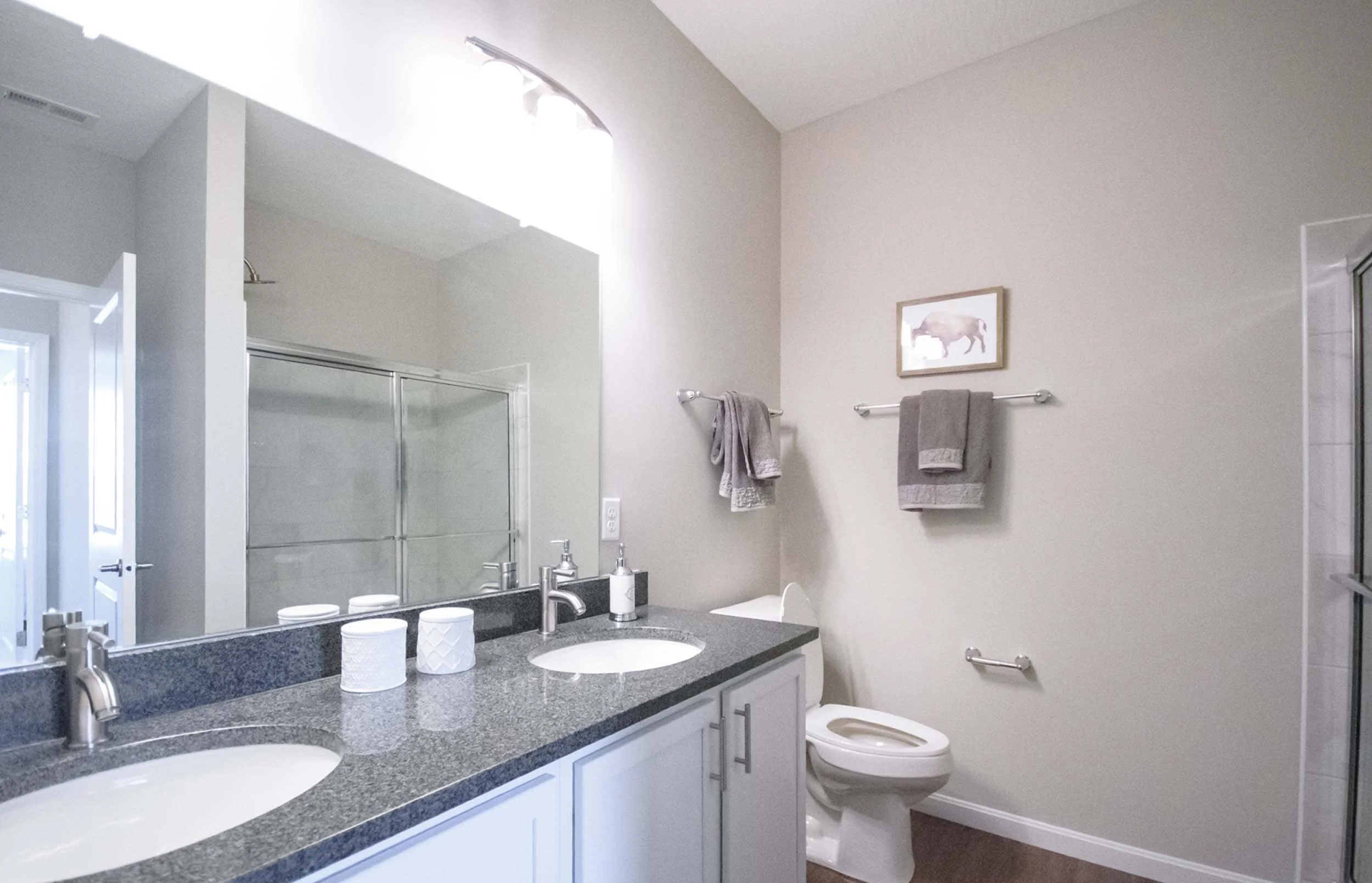 A bathroom with a granite countertop, two sinks, and a large mirror. There are gray towels hanging on the wall, a framed picture of a boar, and a shower with a glass door. The lighting is bright and the walls are painted light gray.