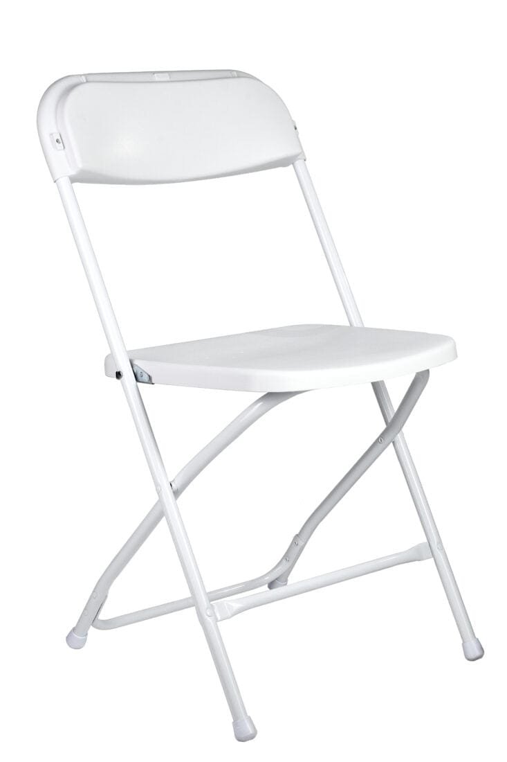 A white folding chair with a plastic seat and backrest.