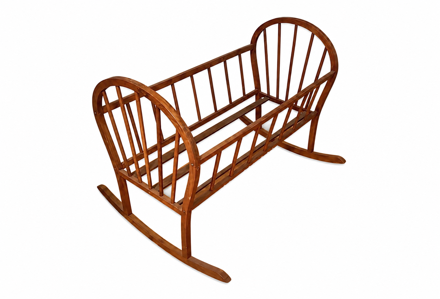 Wooden sleigh with a curved backrest and flat seating area isolated on white background.
