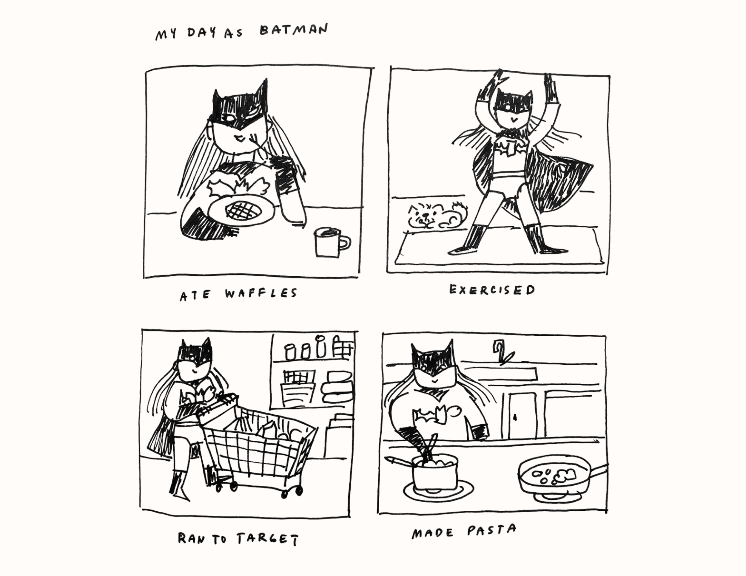 Comic drawings of Denise Holmes dressed as Batman doing everyday mundane things
