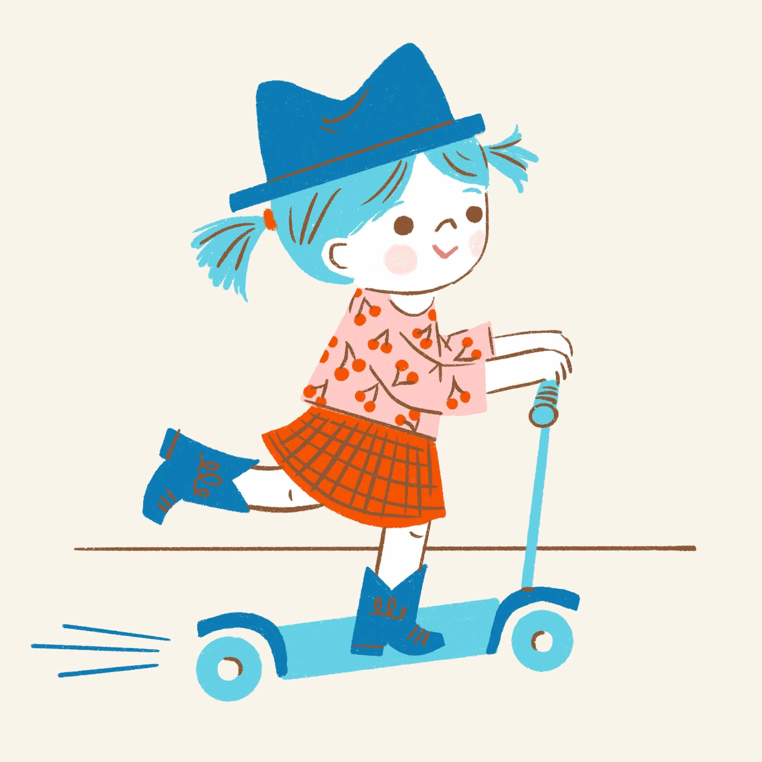 Digital illustration of a child character wearing a blue hat and riding a scooter, showing Denise Holmes’ coloring process.