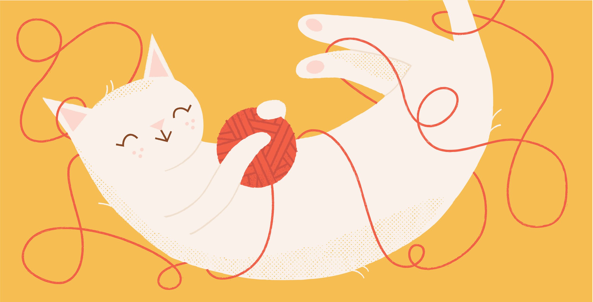 An illustration of a white cat playing with a ball of red yarn and all tangled up
