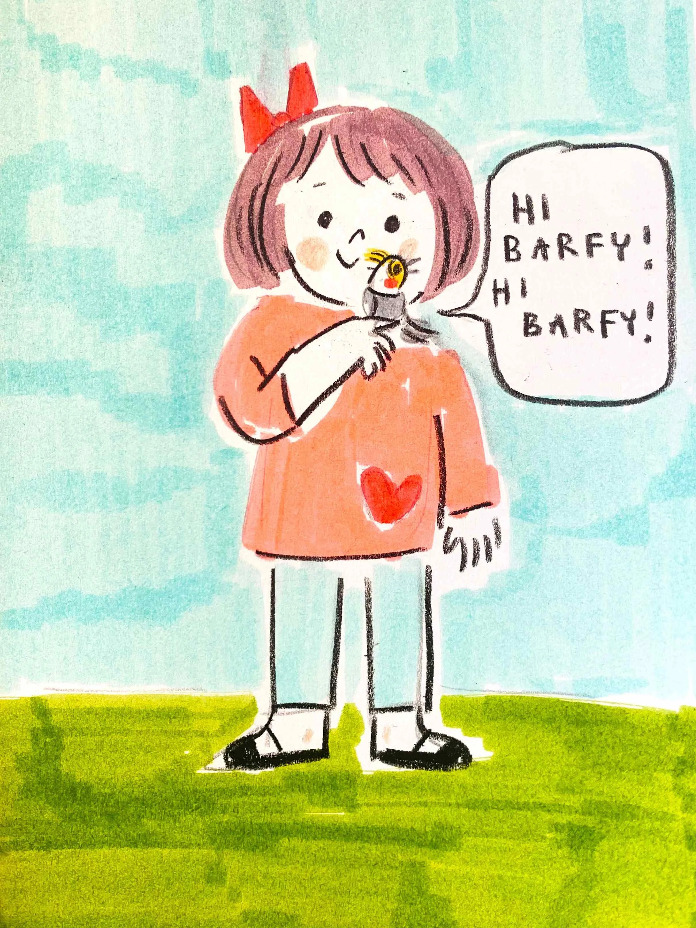 Character illustration of a child holding a sign that reads “Hi Barfy! Hi Barfy!” from Denise Holmes’ sketch-to-color process.