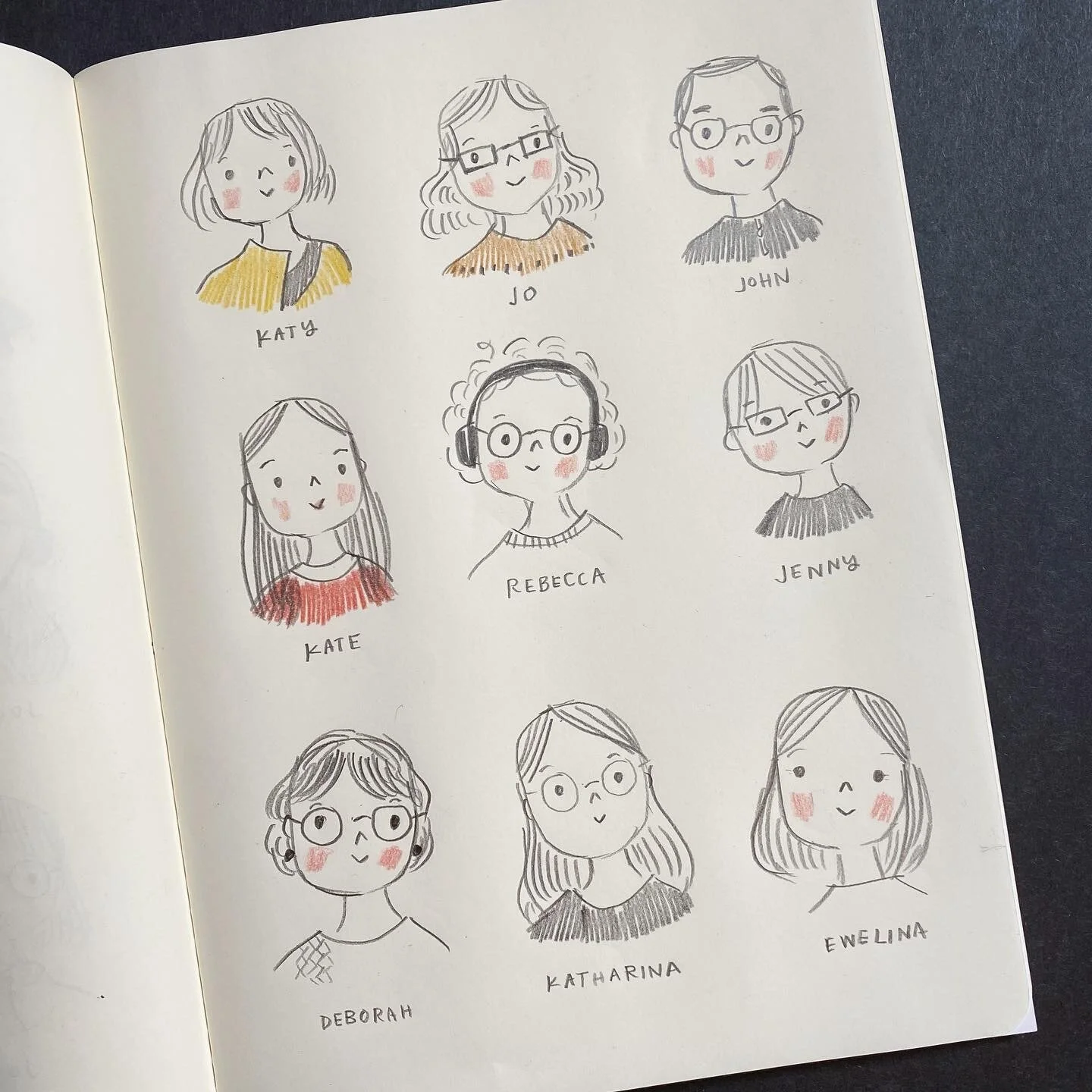 Thumbnail sketches showing character designs and layout planning for Denise Holmes’ children's book illustration process.