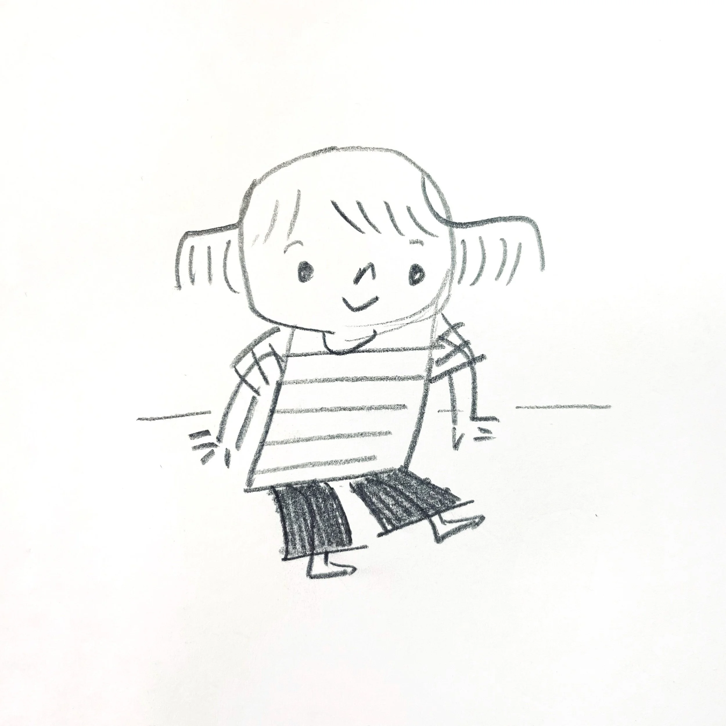Pencil sketch of a child character in Denise Holmes’ illustration process, showing an early concept drawing.