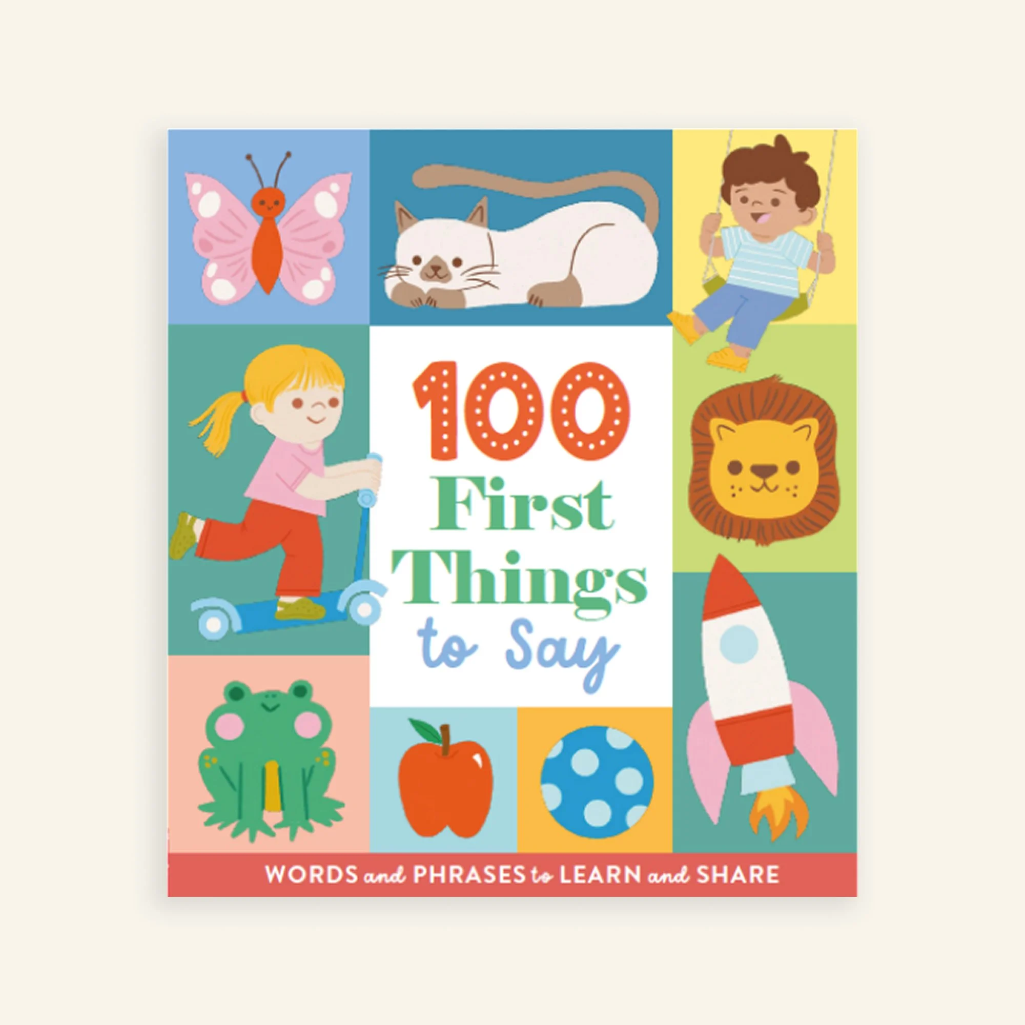 100 First Things to Say board book cover illustrated by Denise Holmes, introducing first words for young children.