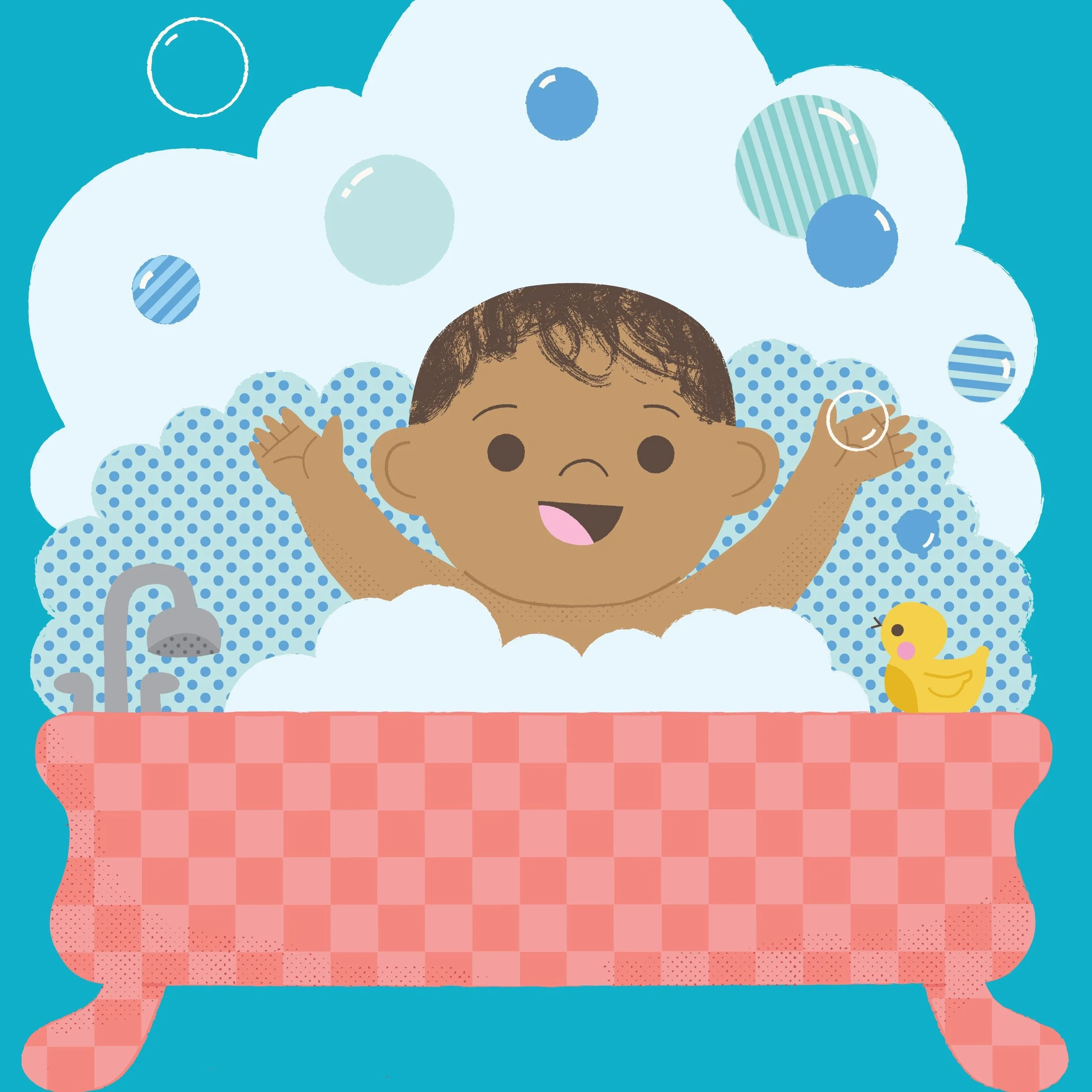 It's Bath Time, Baby! board book spread written by Dawn McMillan and illustrated by Denise Holmes, showing a baby’s bath routine.