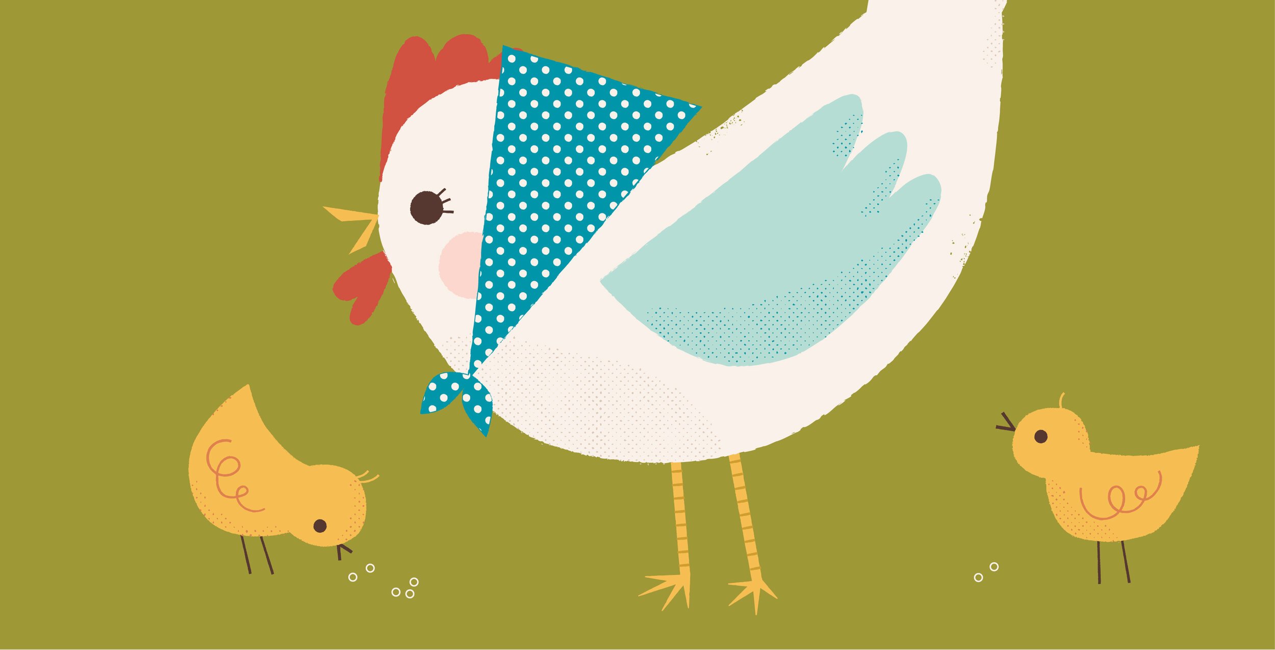 Illustration of a mother hen, wearing a head scarf, surrounded by two baby chicks