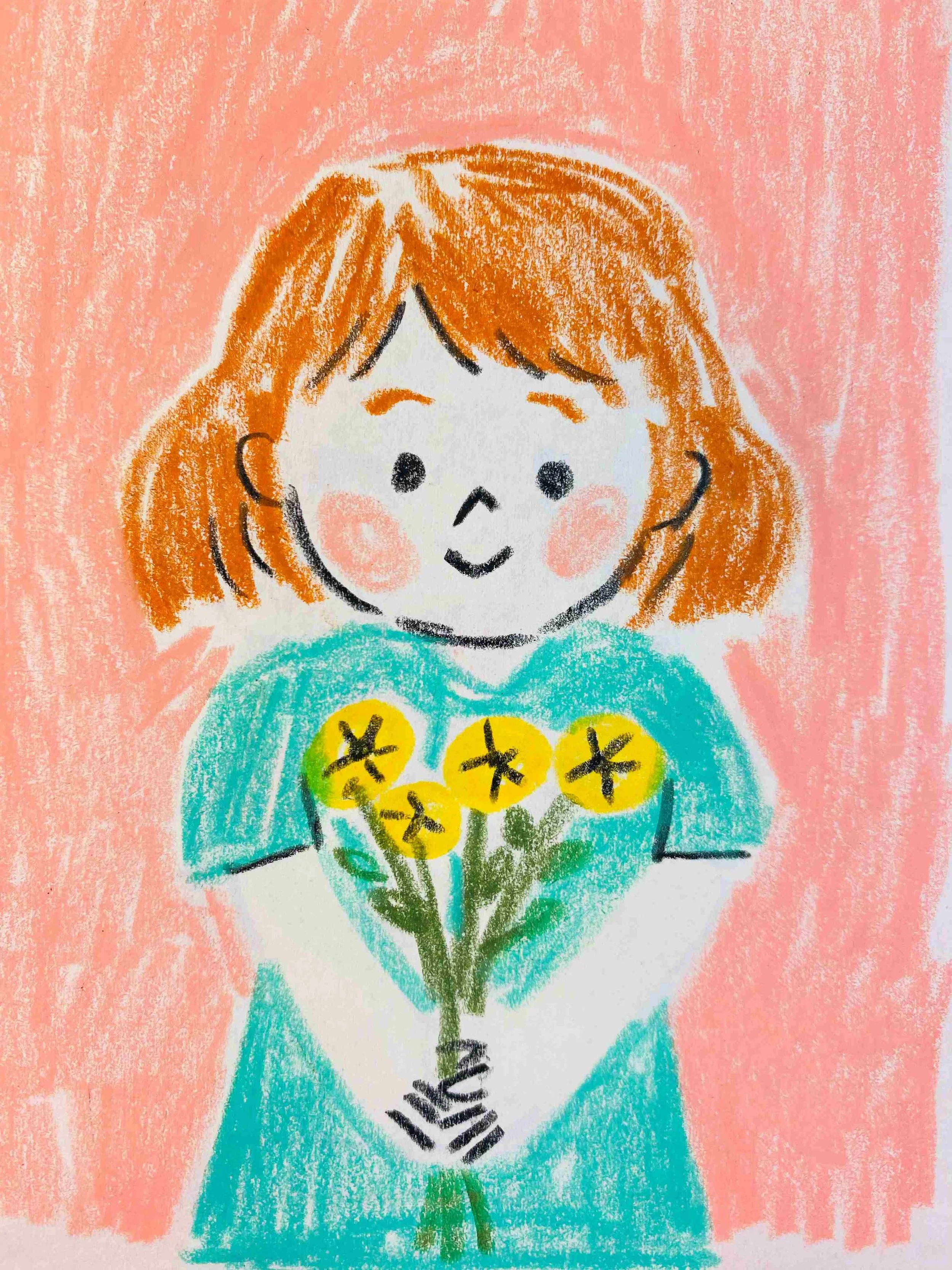 Hand-drawn illustration of a child holding flowers, created by Denise Holmes.