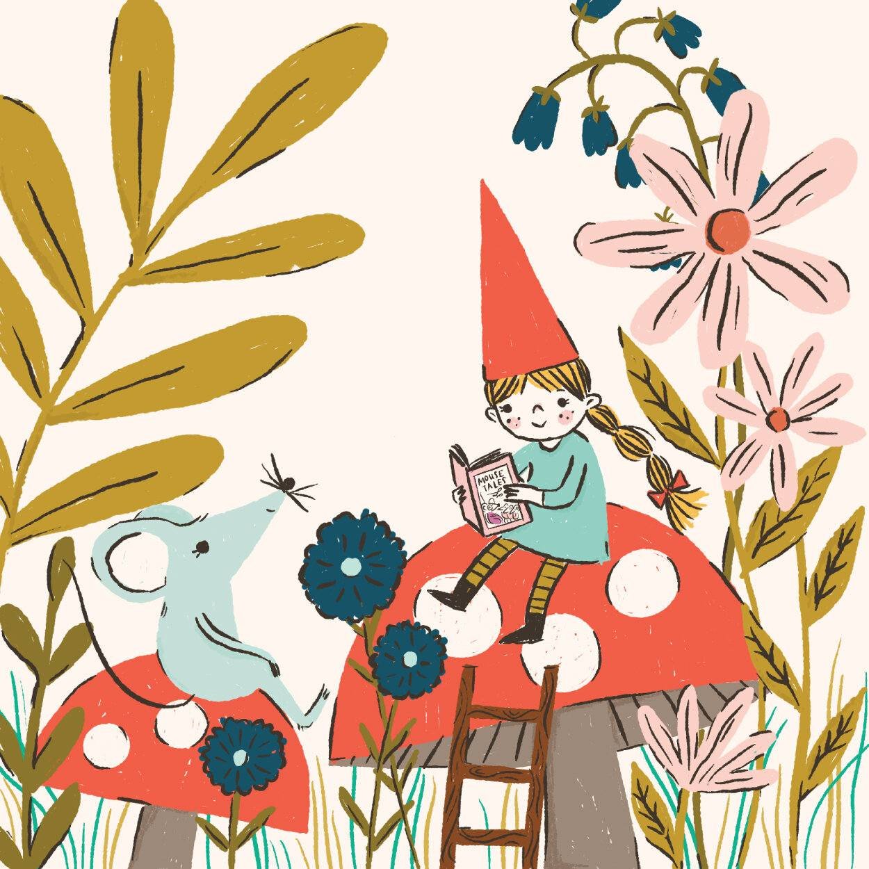 Denise Holmes illustration of a gnome reading a book beside a mushroom, flowers, and woodland plants.