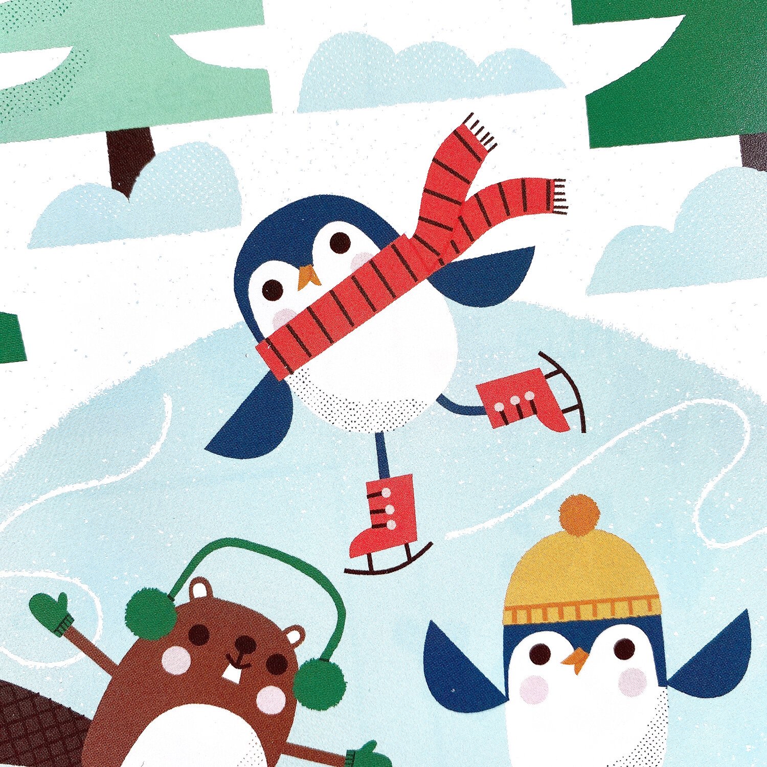 Children's magazine illustration featuring playful penguins and woodland animals enjoying a snowy outdoor scene.
