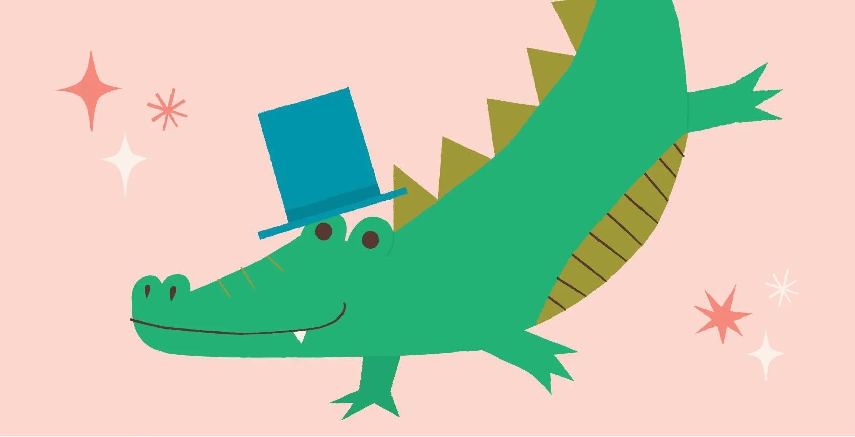 an illustration of a bright green crocodile wearing a blue top hat